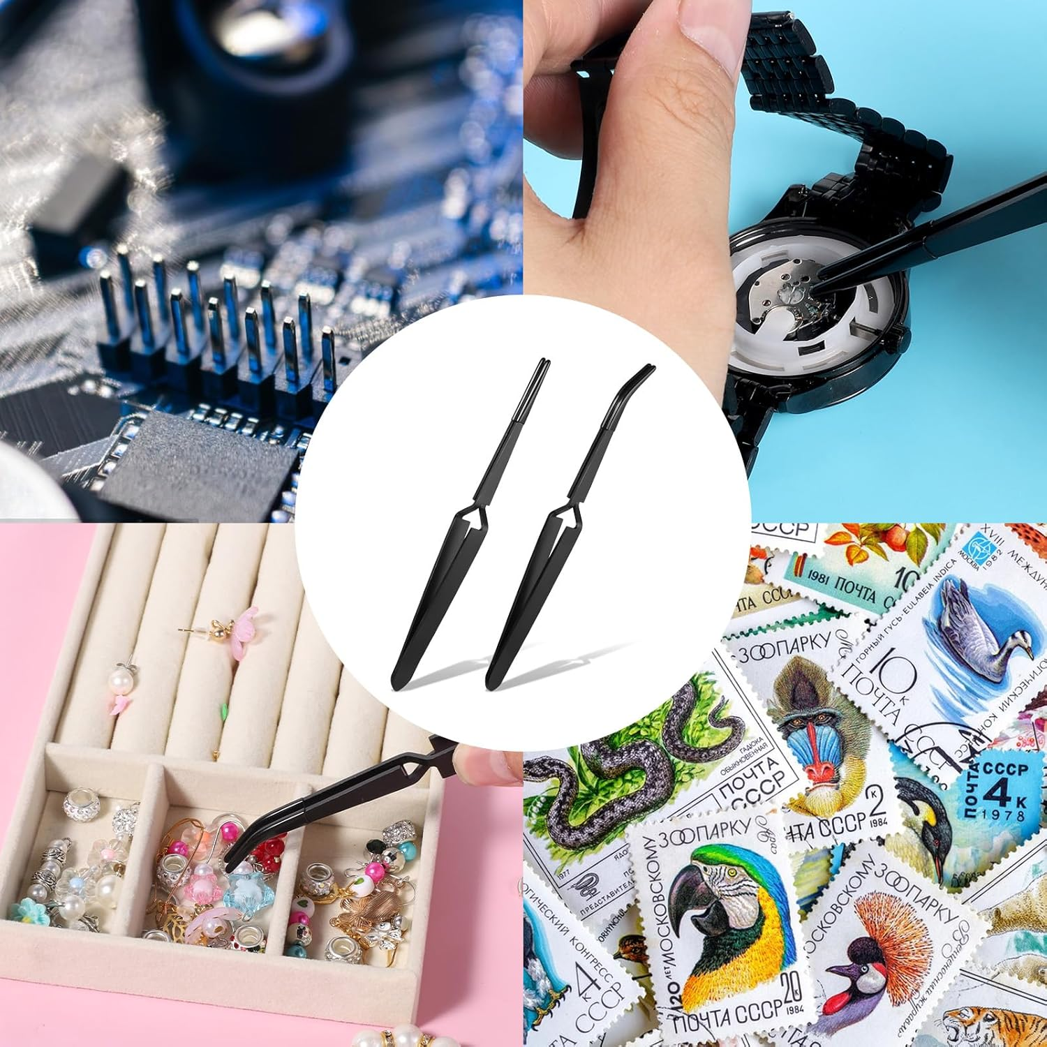 Reverse Tweezers for Crafting, 2 Pcs Rubber Tipped Tweezers Stainless Steel PVC Coated Bent and Straight Flat Tip Cross Locking Precision Tweezer Set for Crafts Jewelry Beads Coins Electronic (Black) image number 1