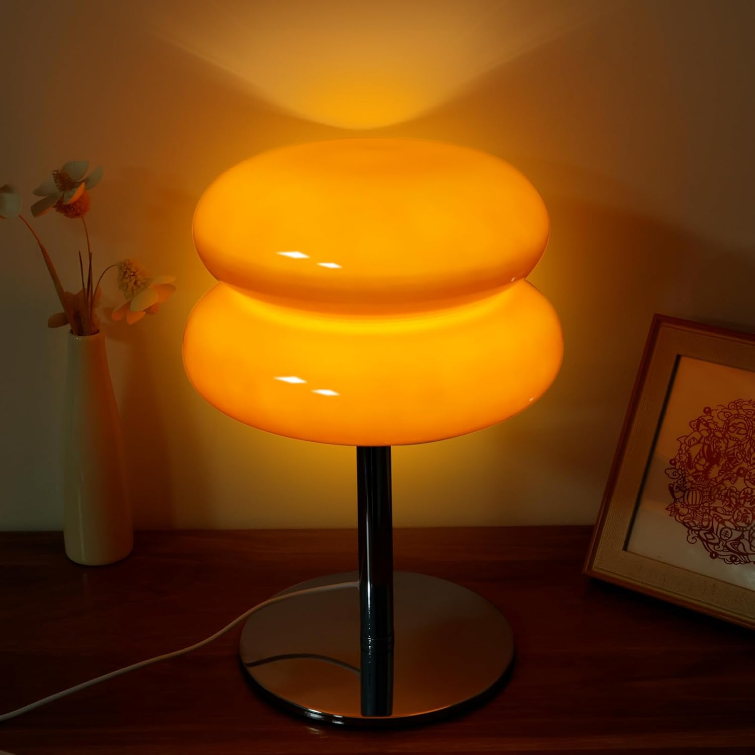DJAPWPX Modern Egg Tart Glass Table Lamp Retro Cute Desk Lamp with 3 Color Dimmable Modes, Orange