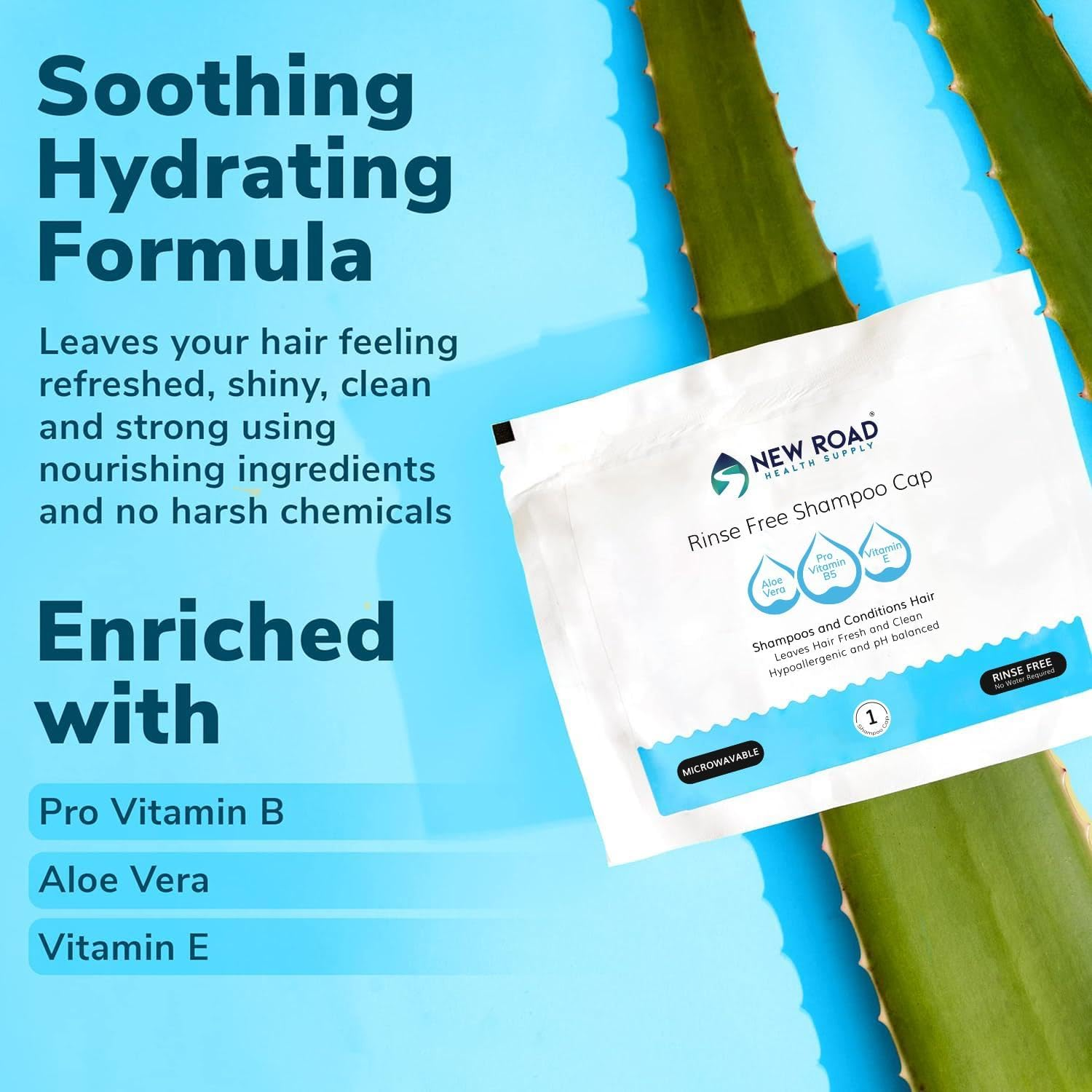 New Road Health Supply - Rinse Free Shampoo Cap, Cleans and Conditions without Water, PH Balanced and Hypoallergenic, No Rinse Shower Cap for Adults and Elderly, 12-Pack image number 4