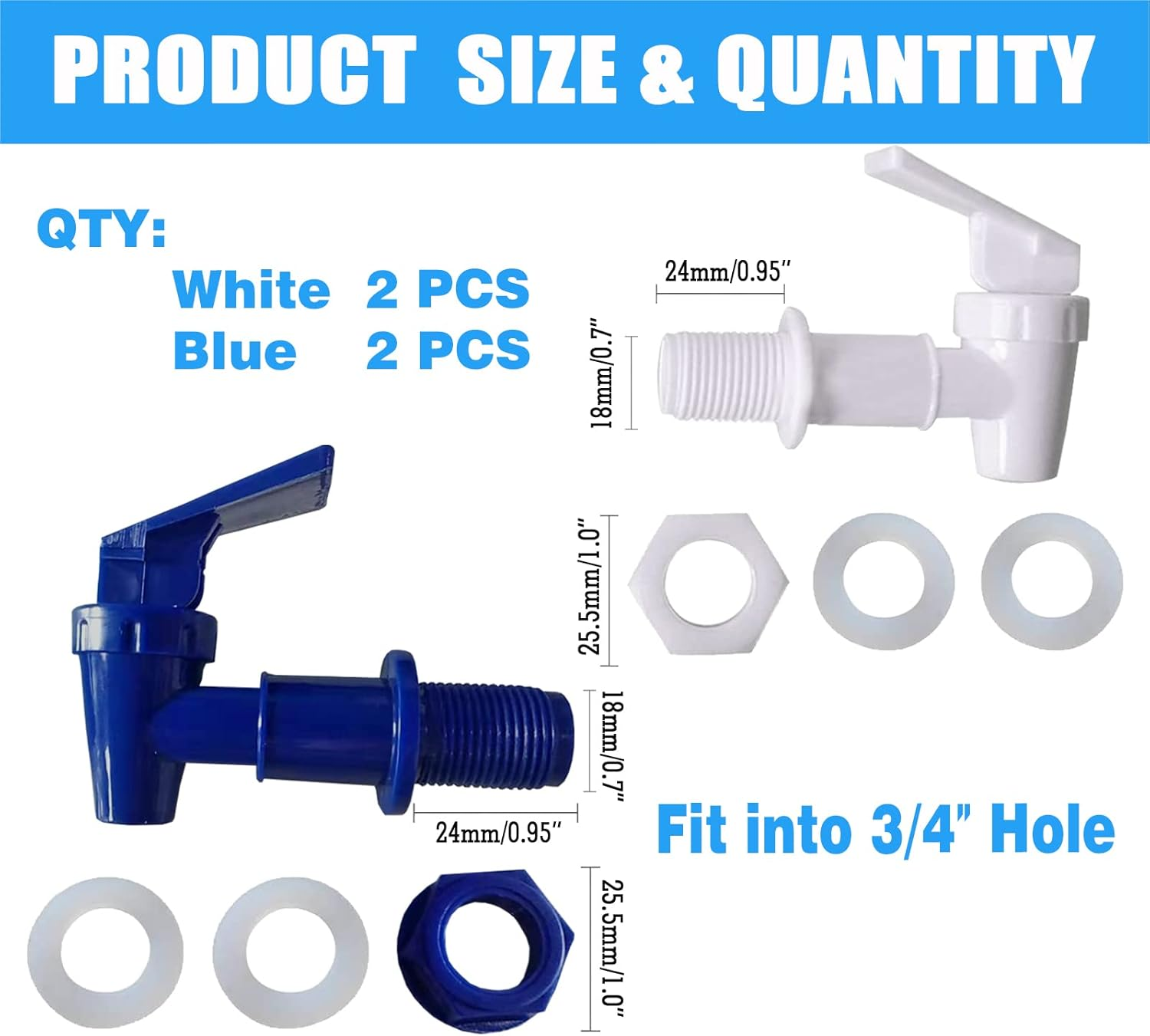 4 Pack 3/4Plastic Faucet,Replacement Cooler Faucet Water Bottle Jug Reusable Spigot Spout, BPA Free Dispenser Tap Set, Water Crock Valve Gravity Water Spigot (3/4" External Thread) image number 5