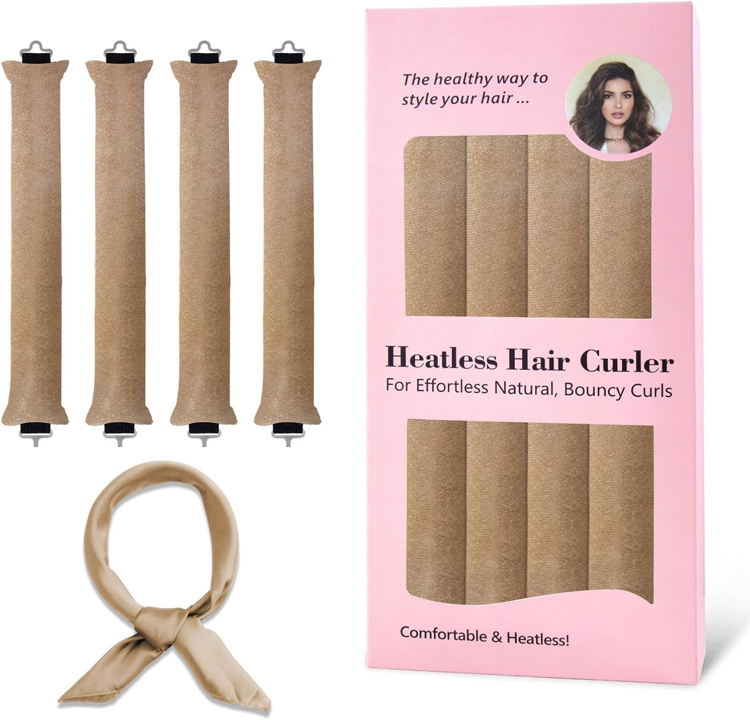 Heatless Hair Curler Rod Headband for Styling Tools, Sleep Overnight Curling Rollers Set, 4 Pack Khaki Color Rods with One Silk Head Scarf