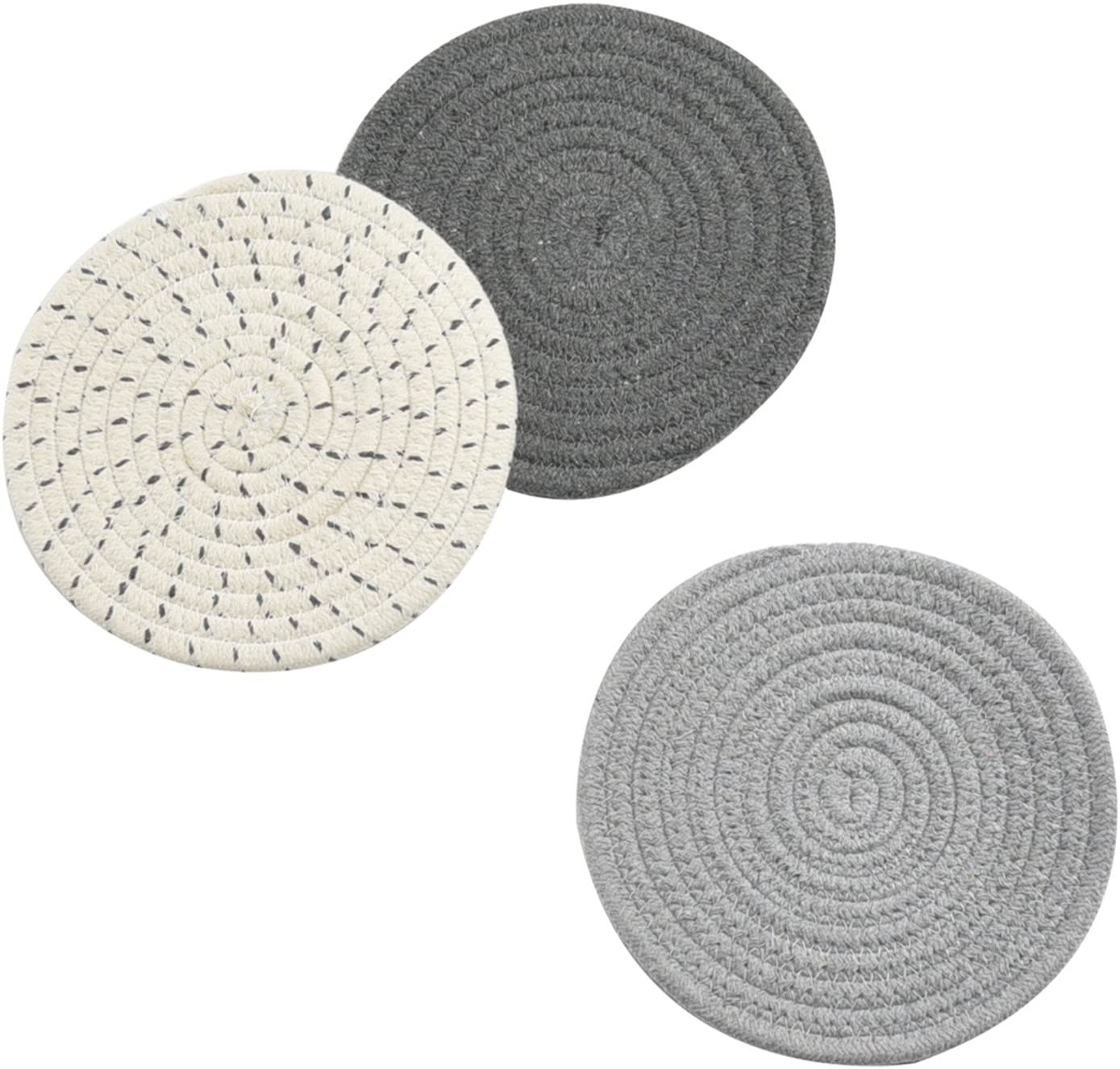 Potholders Set Trivets Set 100% Pure Cotton Thread Weave Hot Pot Holders Set (Set of 3) Stylish Coasters, Hot Pads, Hot Mats,Spoon Rest for Cooking and Baking by Diameter 7 Inches (Gray) image number 3