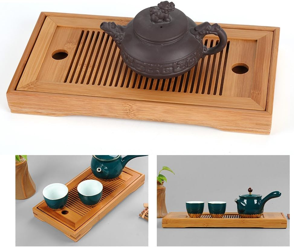 Candeon Bamboo Tea Tray, Chinese Gongfu Tea Tray, Kungfu Tea Table, Double Layer Tea Serving Tray, Tea Tray for Small Tea Set, Tea Serving Table for Tea House, Home Office, 27 X 14 X 3 Cm image number 3
