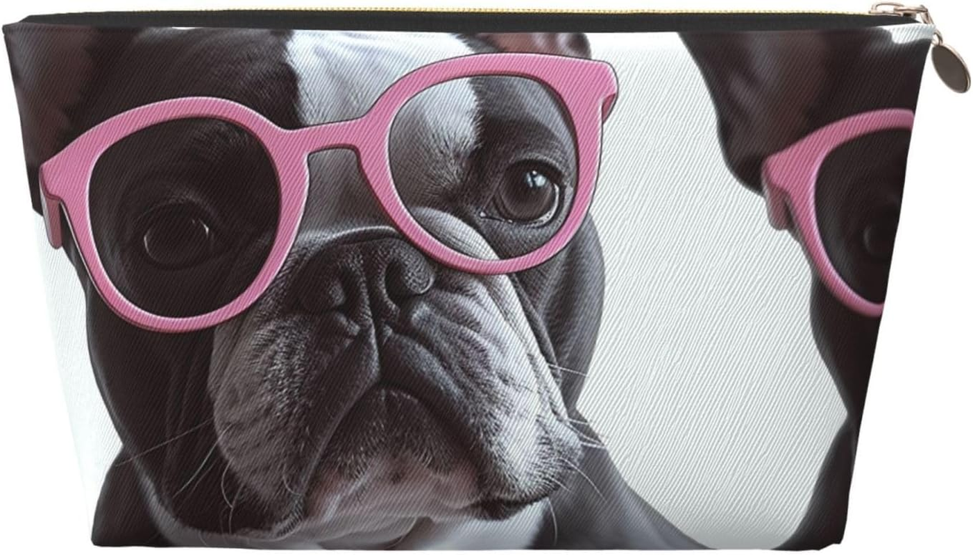 SDTYKHJ Large Capacity Makeup Bag for Women, Waterproof Portable Shaving Bag, Small Toiletry Bag, French Bulldog Glasses, Leather Cosmetic Organizer Bags for Travel, Gold, One Size image number 2