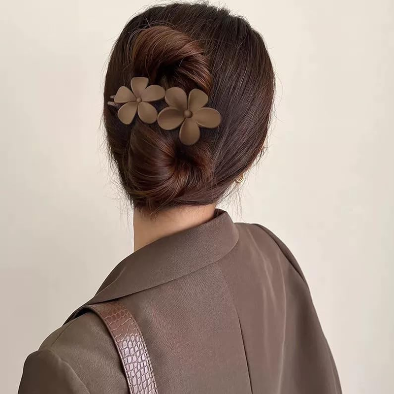 2Pcs Matte Flower Hair Clips Hair Barrettes Accessories for Women Girls Thick Hair (White+Coffee) image number 5