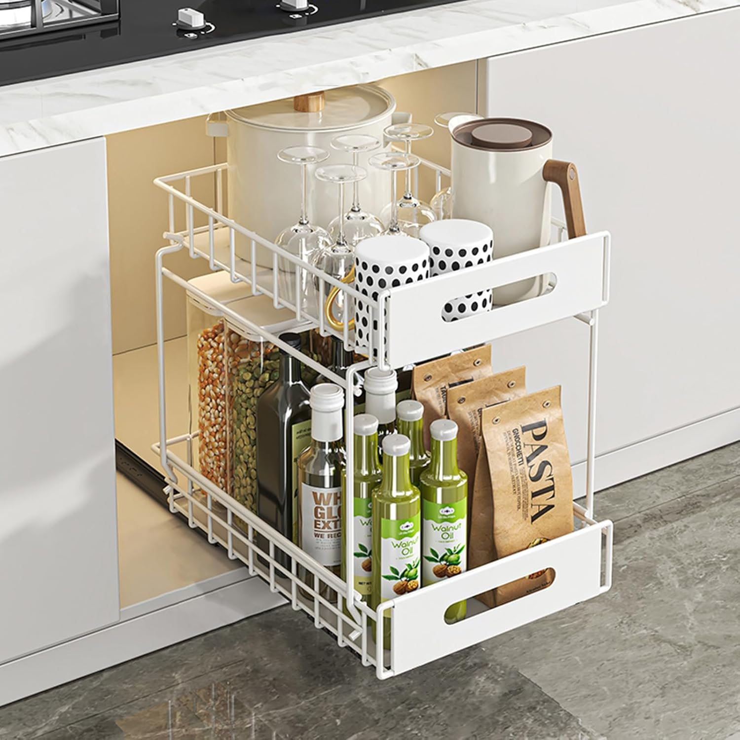 2-Tier under Sink Organizer and Storage, Adhesive Pull Out Cabinet Organizer, Peel and Stick Slide Out Drawer Shelf, Multi-Purpose Metal under Sink Storage Rack for Kitchen, Pantry, Bathroom (White)