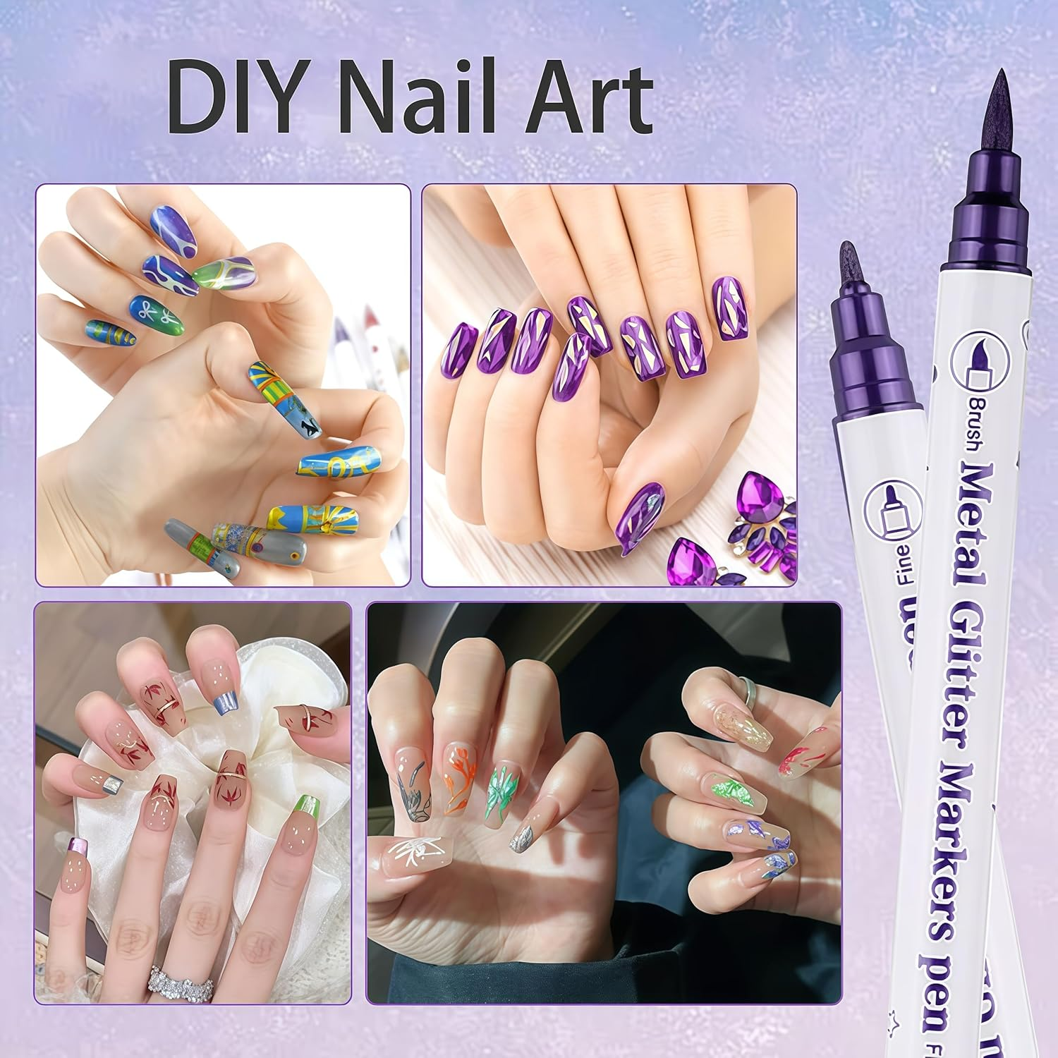 10 Color Metal Giltter 3D Nail Art Pens Set, Double-Ended Nail Point Dotting Pen Drawing Painting Liner Brush for DIY Nail Art Beauty Adorn Manicure Tools image number 5