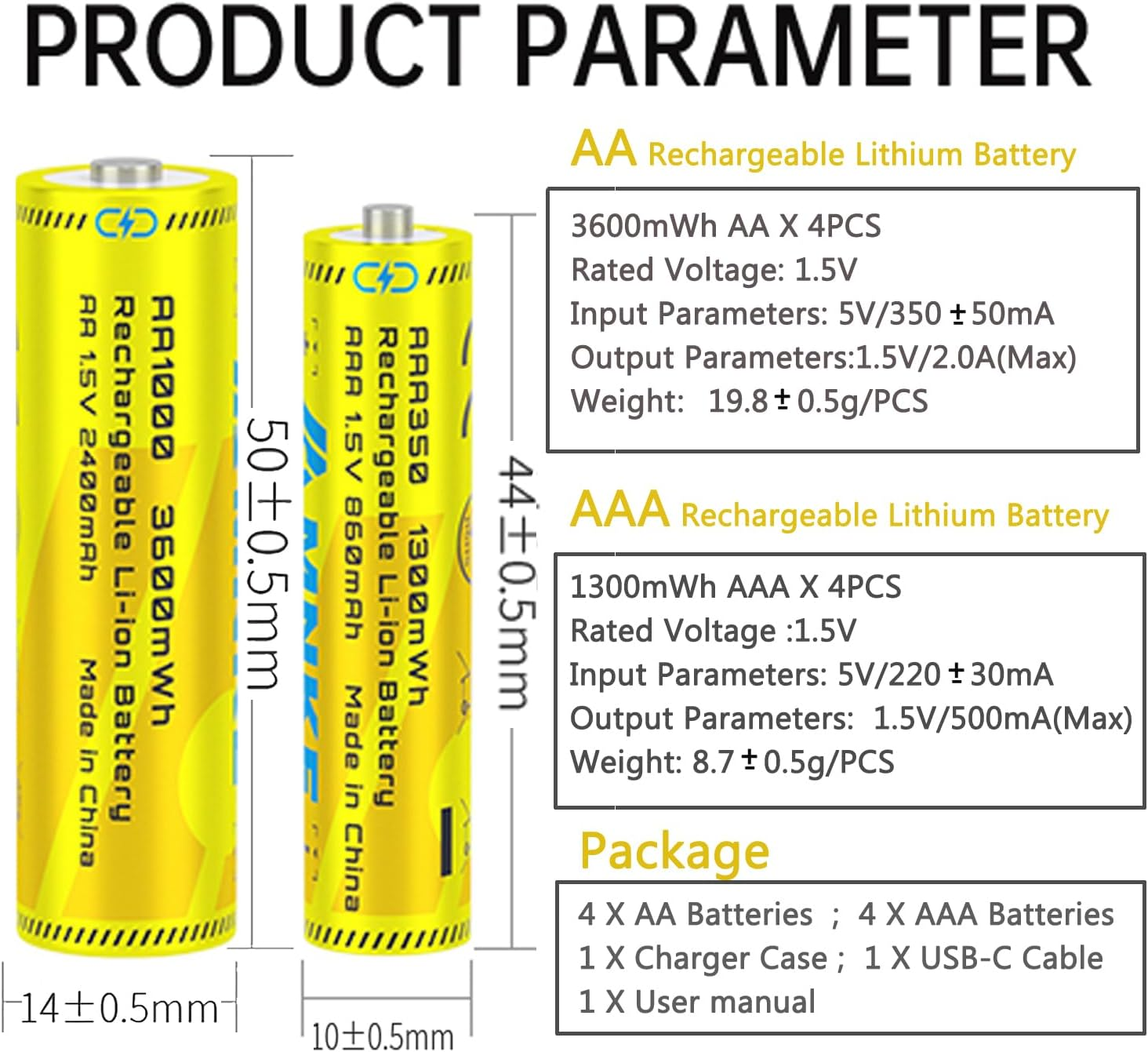 4PCS AA/AAA Rechargeable Lithium Batteries 1.5V Total 8PCS Batteries with Magnetic Charger High-Capacity 1000+ Cycles of Use Ultra-Long Lasting Time 3H Fast Charge with LED Charge Indicator