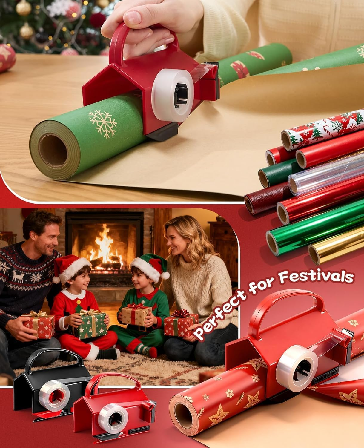 2-Pack Wrapping Paper Cutter & Tape Dispenser with 4 Tape Rolls, 2 Replacement Blades -Dual-Function Gift Wrap Tool for Christmas, Birthday, Holiday Crafting and Office Use image number 5