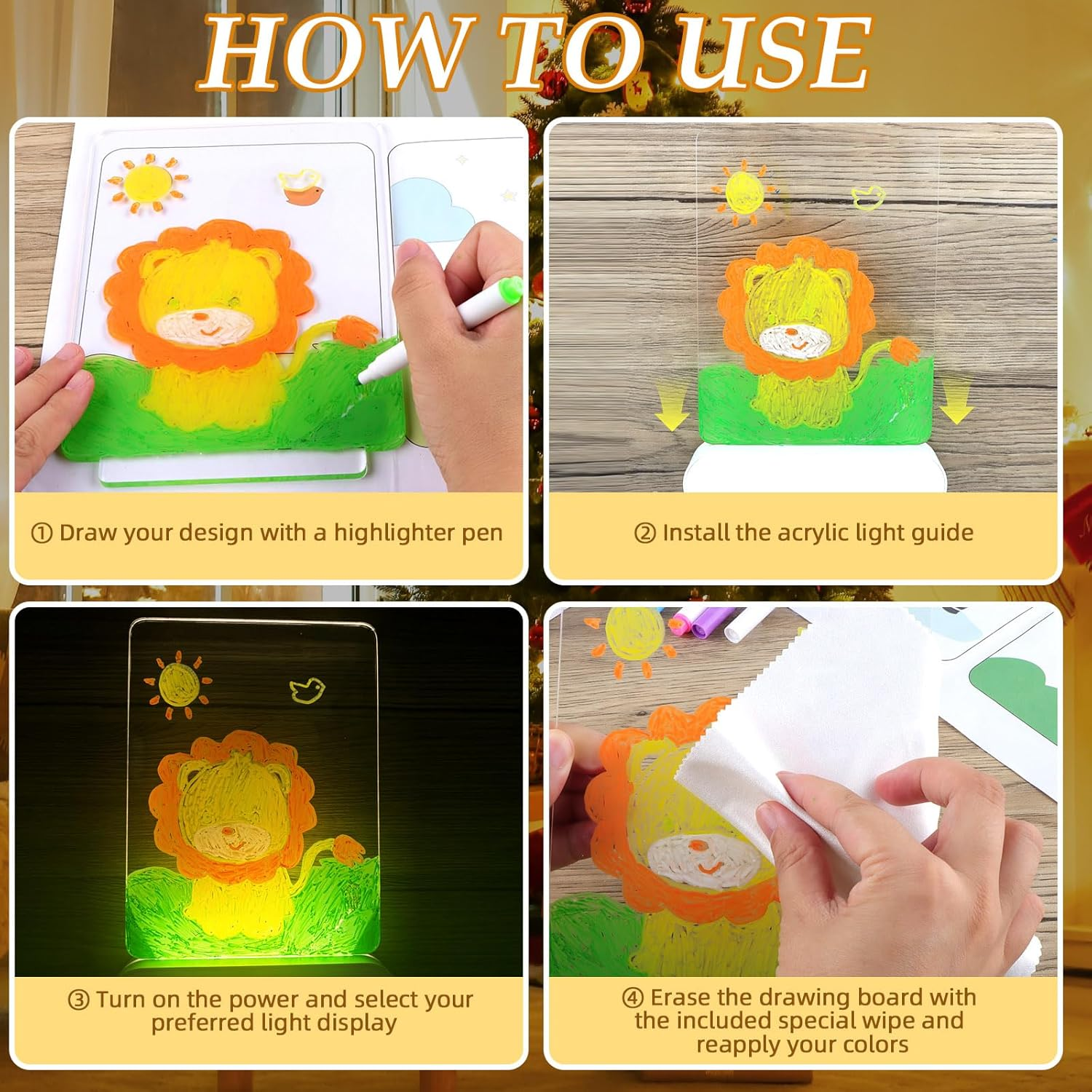 DIY Atmosphere Night Light, LED Acrylic Bedside Lamp with 3 Light Modes, Personalised Night Light Children, 3D Creative Lamp with Drawings and Erasable Pen for Girls and Boys (Landanimals)