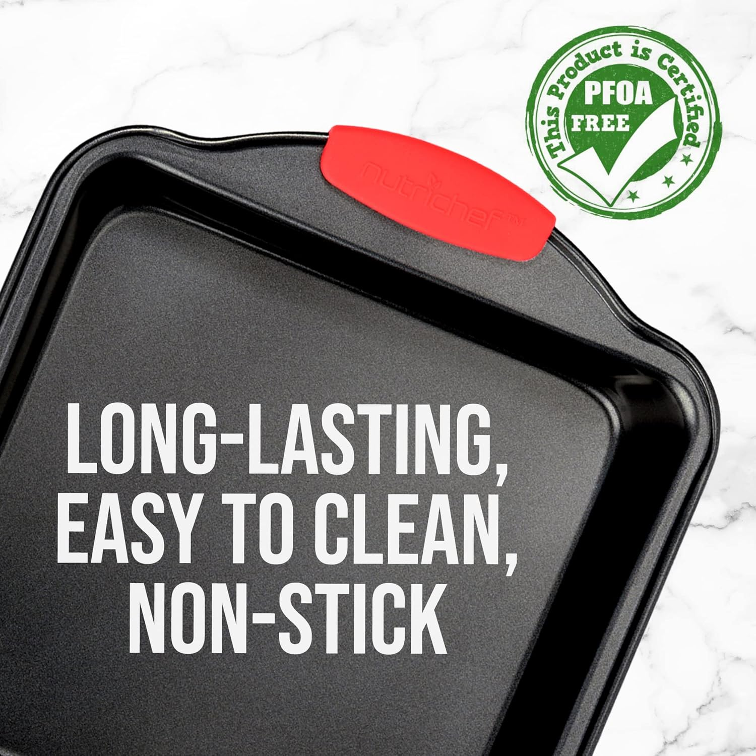 Nutrichef Jovial Non Stick Cake Square Pan, Deluxe Gray Carbon Steel Pan with Red Silicone Handles, for Cooking & Baking Cake Loaf, Muffins & More, Compatible with Model NCSBS10S, NCSBS8S, NCSBS6S image number 3