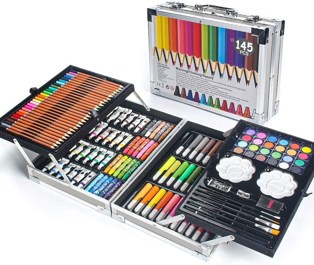 MIAOKE 168 Piece Art Set, Drawing Box for Children - Colored Pencils, Crayons, Oil Pastels, Watercolor Cake, Eraser, Pencil Sharpener, HB Pencil,18-Page Sketch Pad