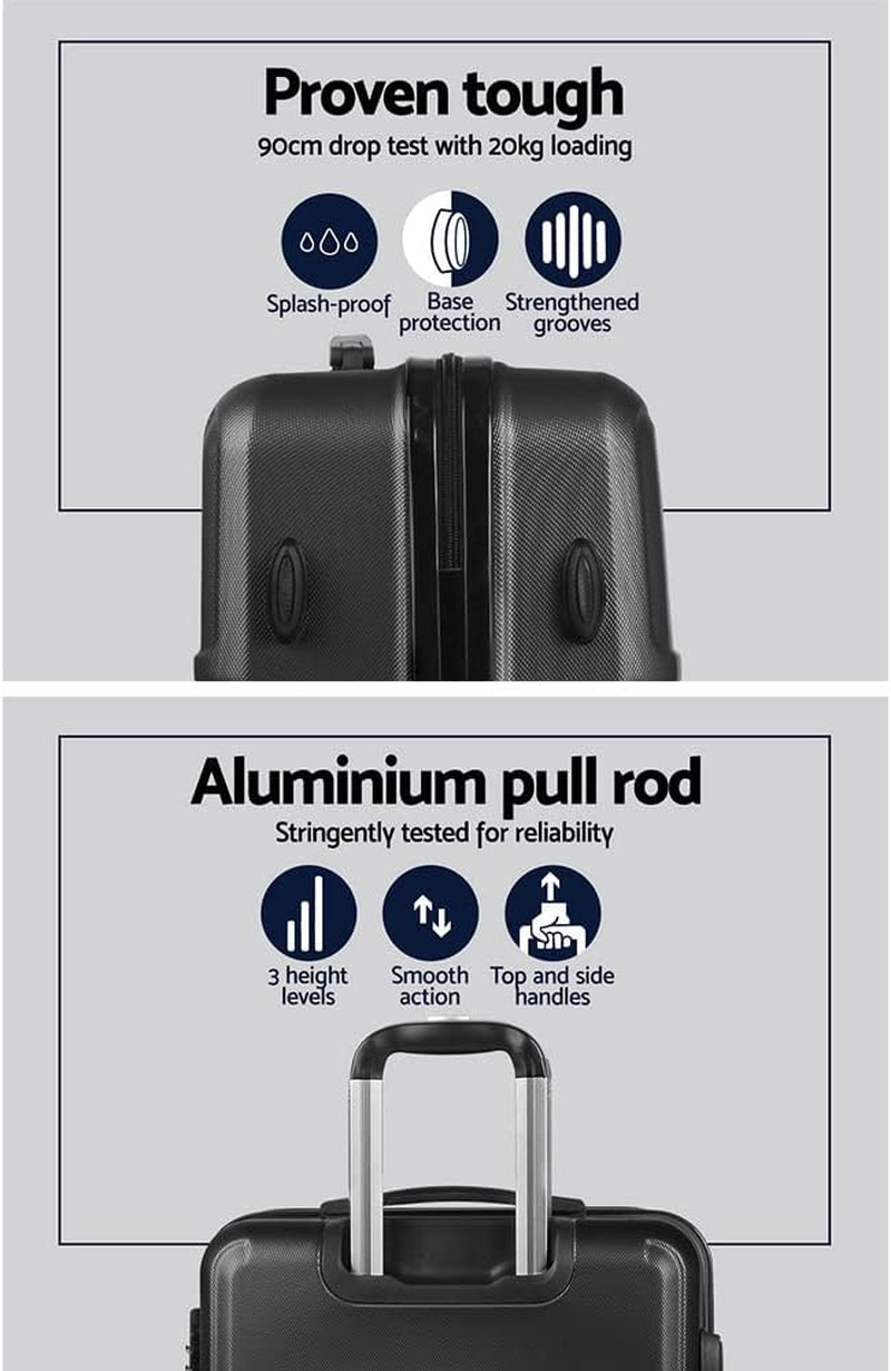 Wanderlite Luggage Set 3Pcs Black Suitcase Storage Organizer Hand Luggages Travel Hard Case Hardside, Lightweight Trolley Carry on Bag, TSA Lock 4 Universal Wheels image number 4