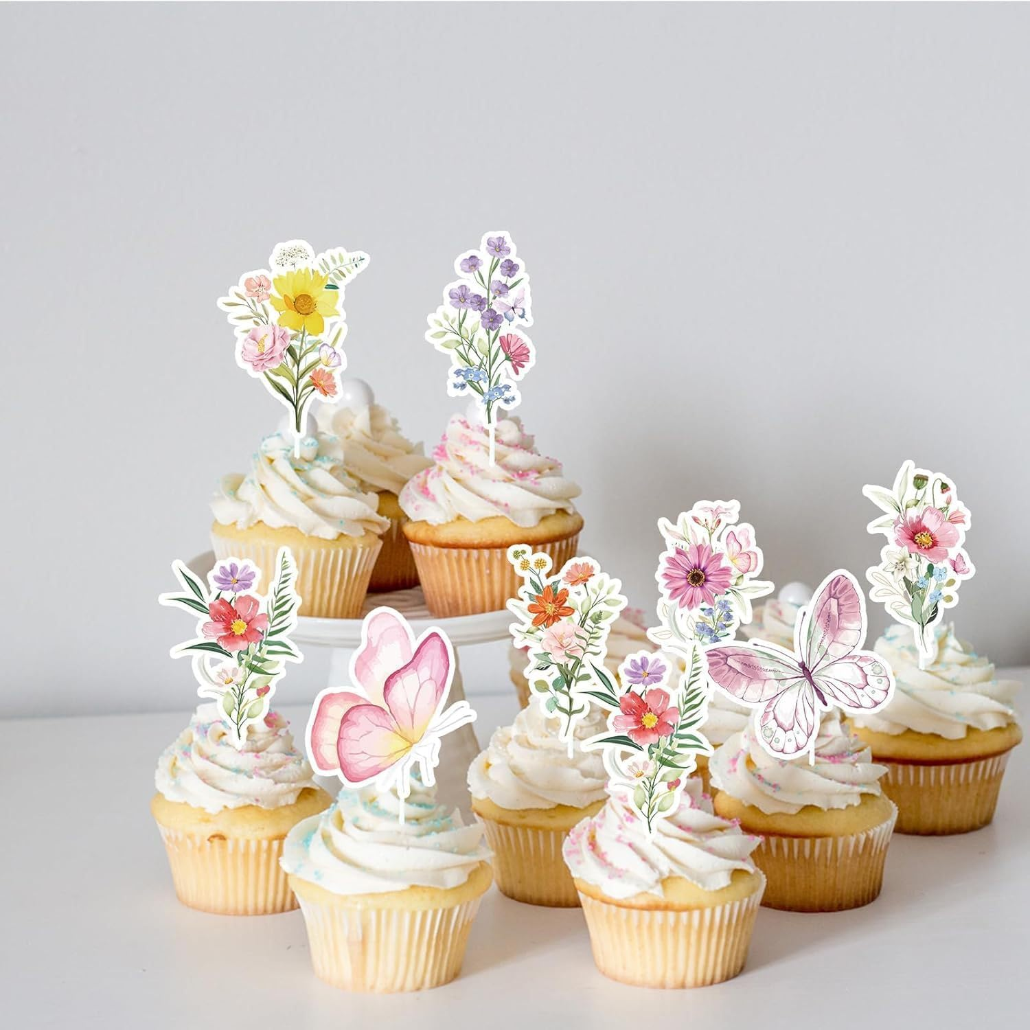 YJSPARKK 40PCS Butterfly Flower Cupcake Toppers,Wildflower Floral Bloom Cake Toppers Supplies,Decorations for Girls Women Birthday Wedding Baby Shower Fairy Party