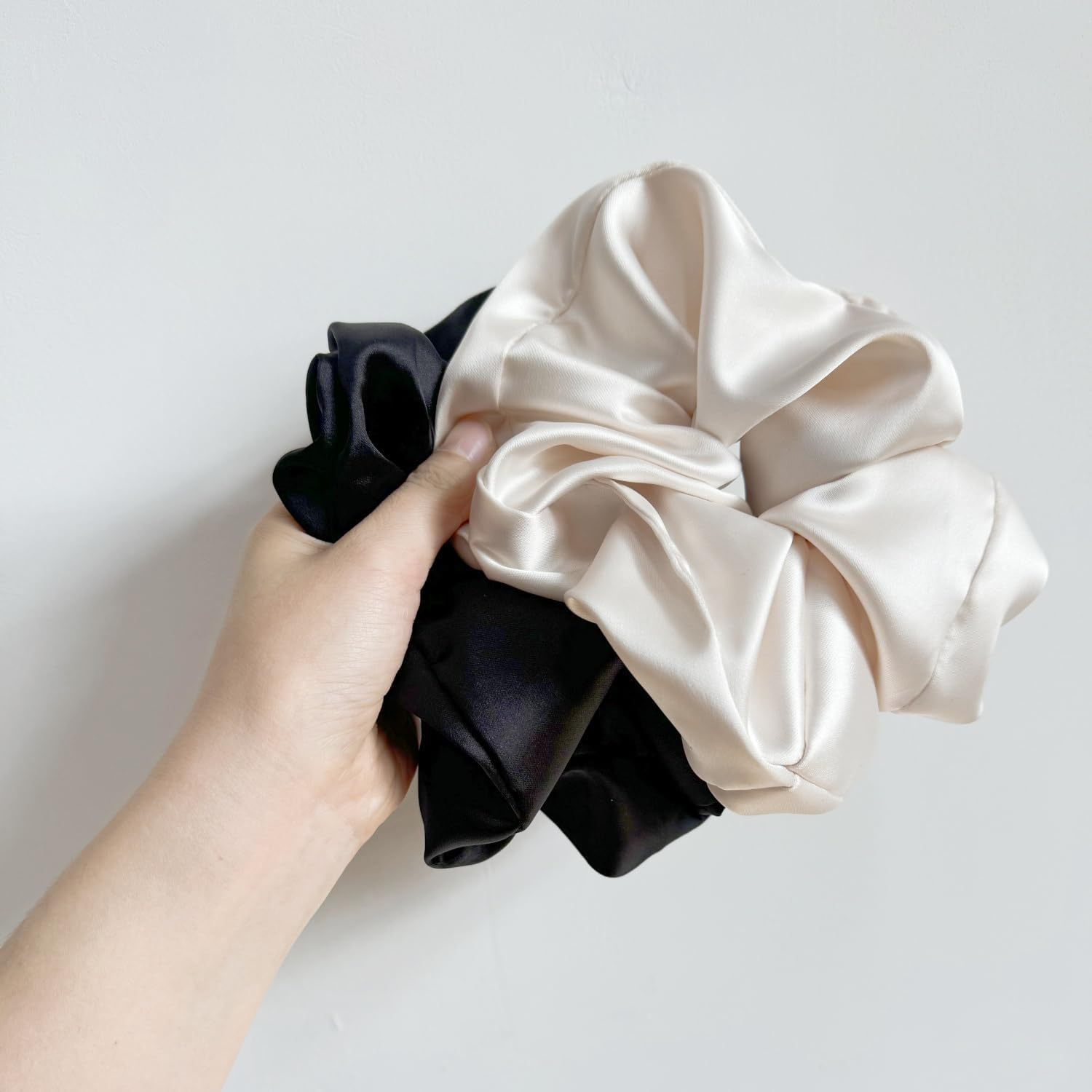2 Pieces Jumbo Satin Silk Scrunchies for Women 7.5 Inches Large Oversize Scrunchies for Thick Hair Ties Hair Ornament (Black and Beige) - 2 Black image number 7