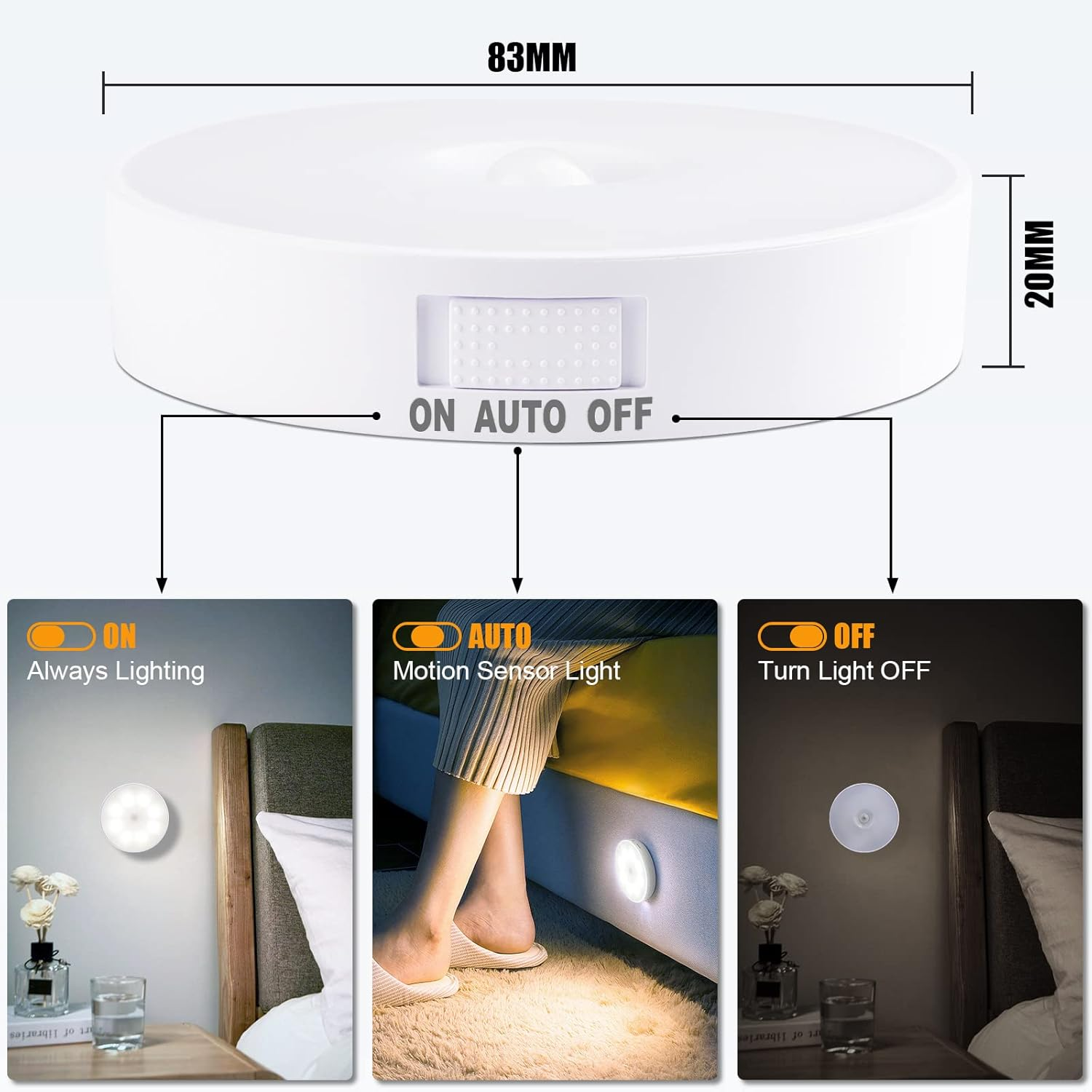 Motion Sensor Light Indoor [8 LED], Night Light USB Rechargeable, 3 Light Modes & Long-Last Battery, Cordless Magnetic Sticker Nightlight for Stair, Closet, Hallway - Cold White & Warm White image number 5