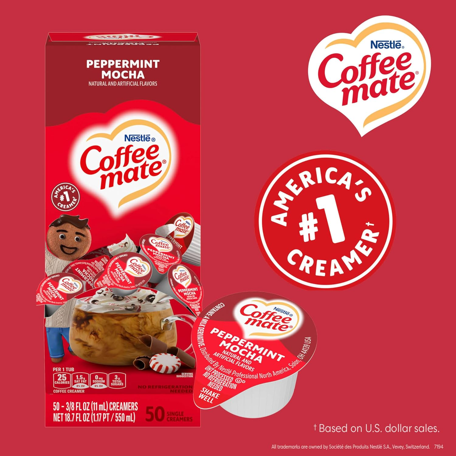 Nestle Coffee Mate Coffee Creamer, Peppermint Mocha, Liquid Creamer Singles, Non Dairy, No Refrigeration, Box of 50 Singles (Pack of 4) image number 2