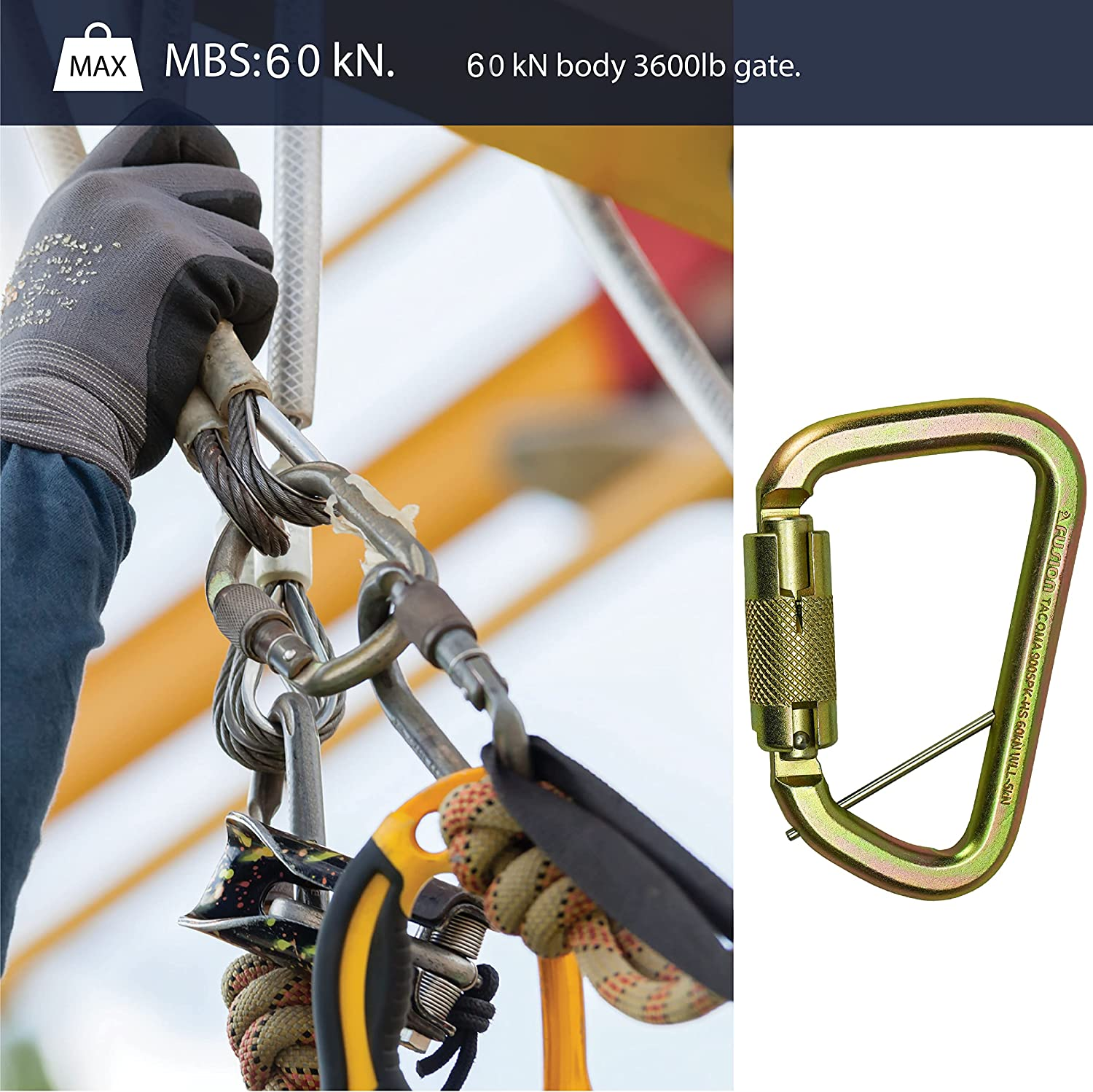 Fusion Climb Tacoma Steel High Strength Auto Lock Modified D-Shaped Steel Carabiner, Steel Clip image number 3