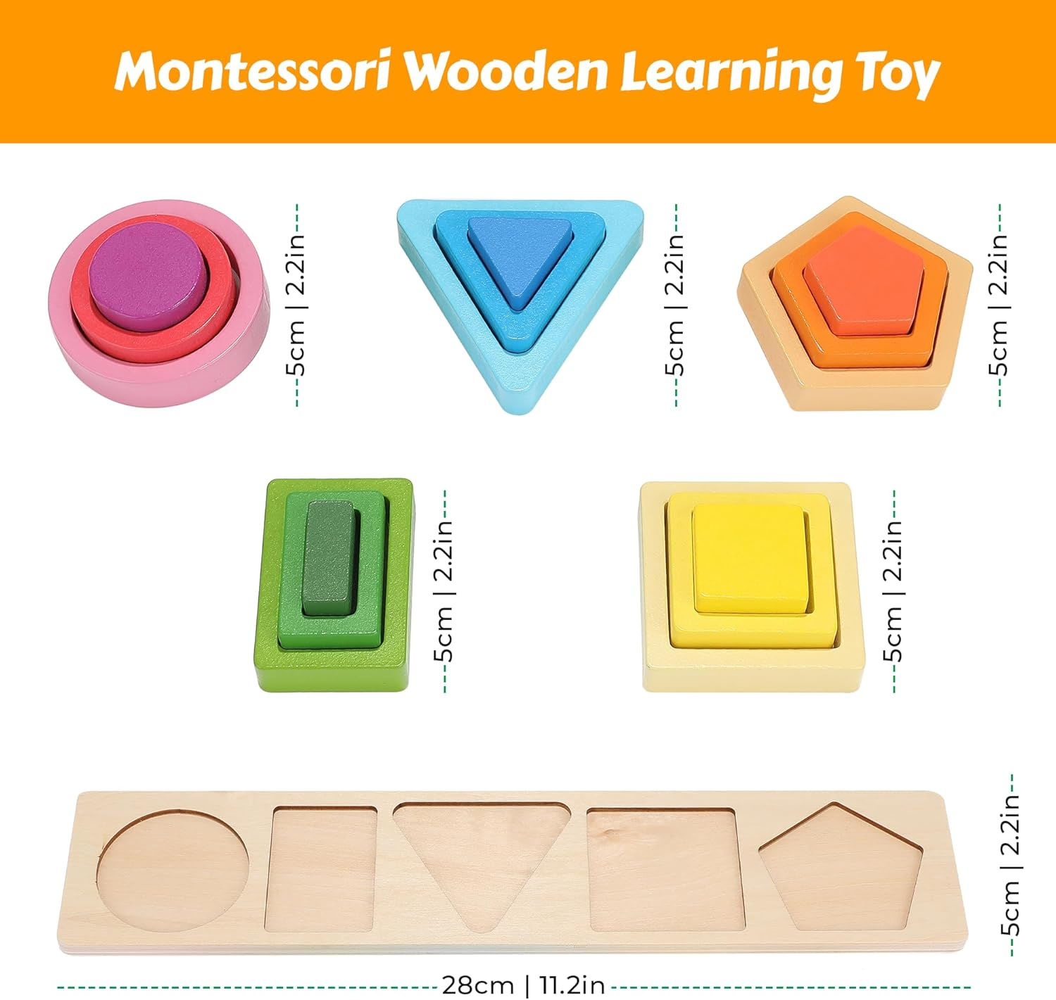 Wooden Shape Sorting & Stacking Toys for Toddlers, Montessori Toys with 20 Pcs Blocks of 5 Different Shapes and Colors to Fine Motor Skills image number 3