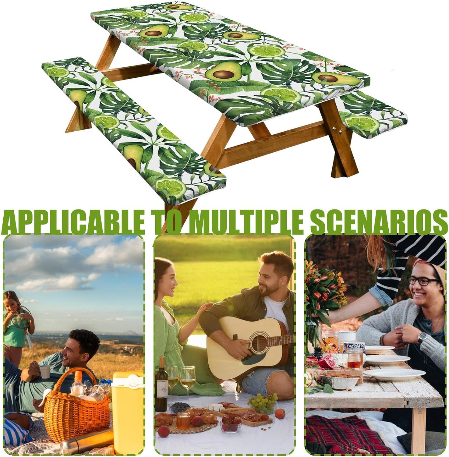 Gupcaqosjw Fitted Picnic Table Cover,6Ft Rectangle Outdoor Tablecloth Waterproof Windproof - Car Travel Must Haves, Elastic Outdoor Supplies, Avocado Pattern image number 2