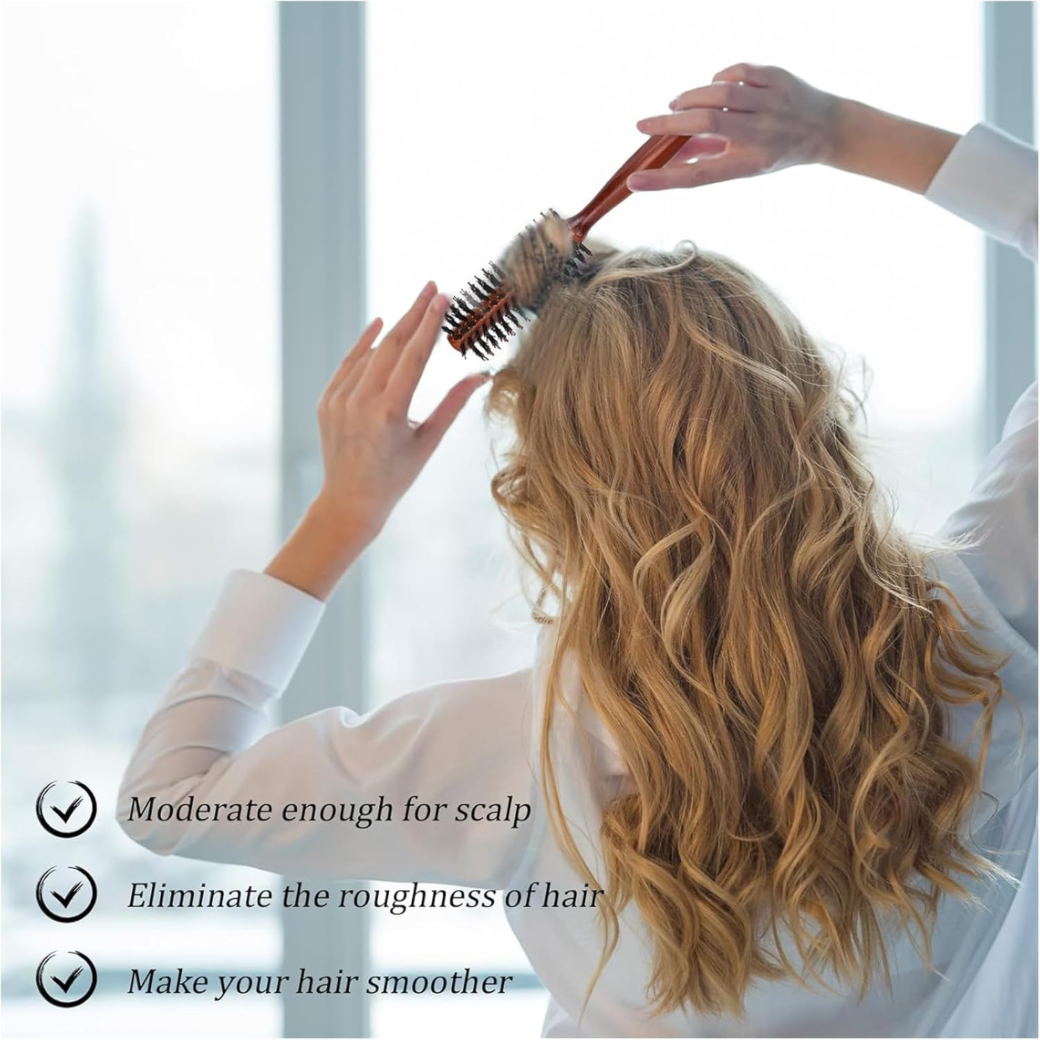 Kzvsiy 2 Pcs round Boar Bristle Hair Brush Set, Wooden Handle round Styling Brush, Boar Mane Bristle Brush for Hair and Beard, Sleek Brush for Men & Women, Perfect for Slicking and Grooming