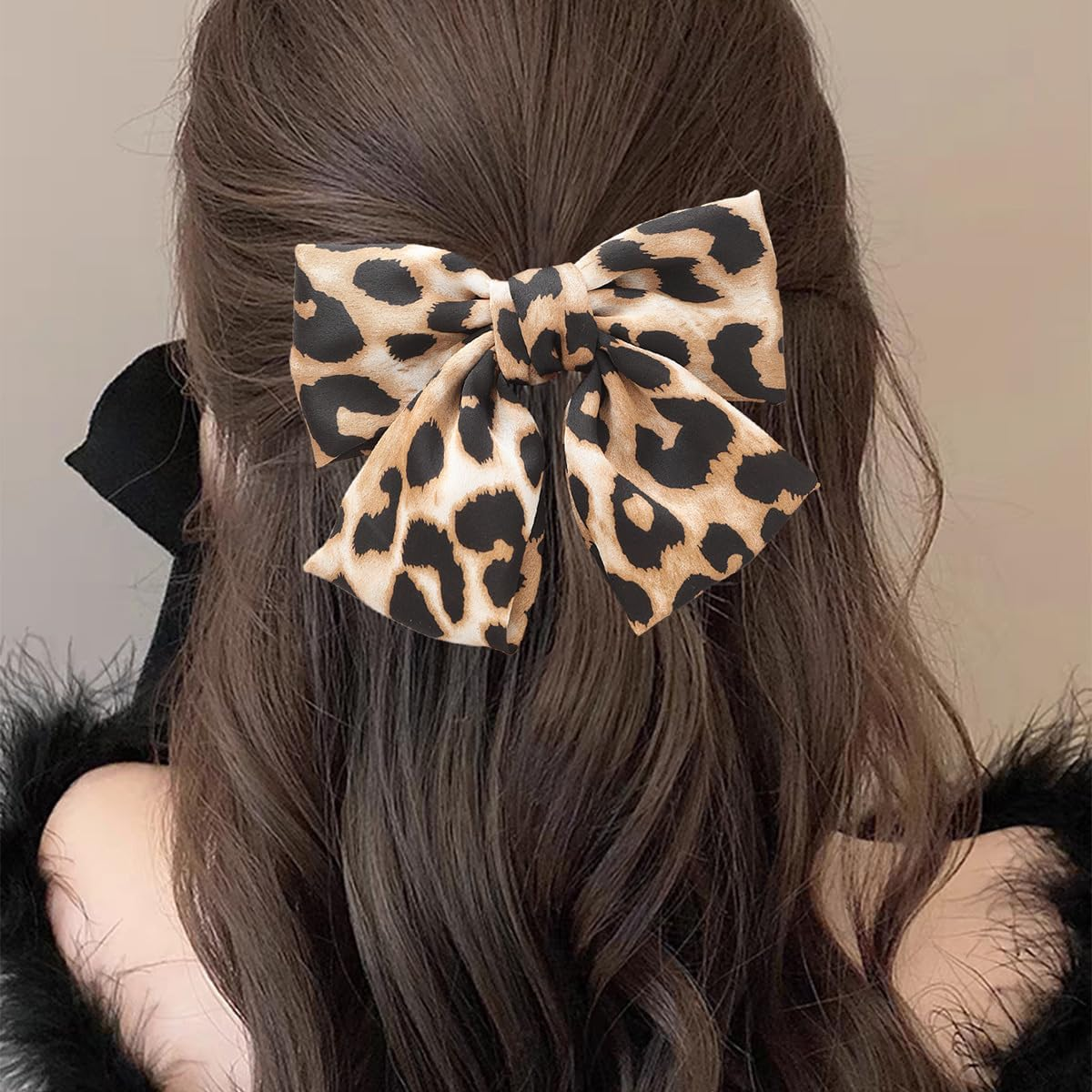 Satin Leopard Hair Bows Pack of 2 Elegant Hair Bows Clip Leo Pattern with Compartment Clips Fashion Satin Bow Hair Clips Hair Accessory for Use Hair Accessories Bow Tie Corset (1#+4#) image number 5