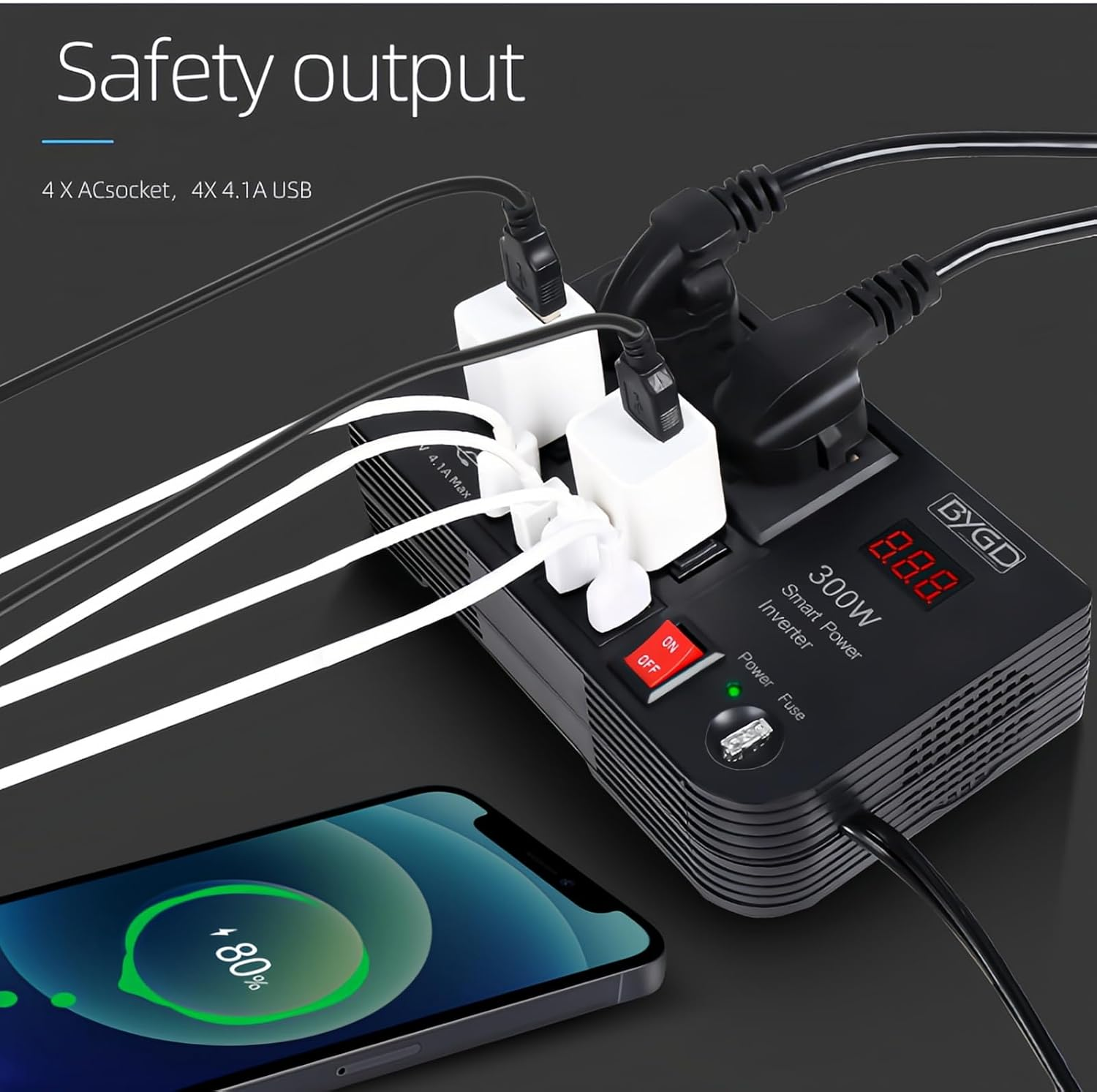 300W Car Power Inverter, DC 12V to 220V AC Converter with LED Display, 4 USB Ports, 4 Charger Outlets, Pure Sine Wave - Portable Charger for Cars, Trucks, Rvs image number 6