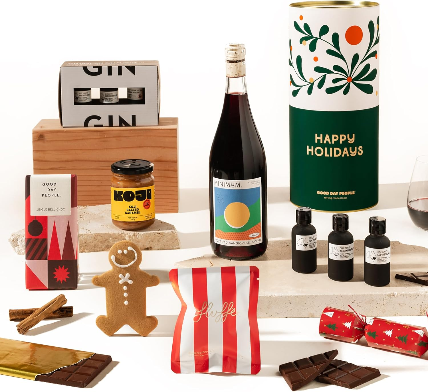 Wine Christmas Hamper with Gin or Whisky Flight | Tinsel Terry Gift Hamper by Good Day People | Luxury Gourmet Holiday Hamper with Bahen & Co. Chocolate, Koji Caramel, Folk Gingerbread, Fluffe Fairy Floss, Premium Wine & Gin or Whisky Tasting Flight &ndash; Gift Box for Festive Celebrations & Holiday Occasions (Gin Tasting Flight) image number 5