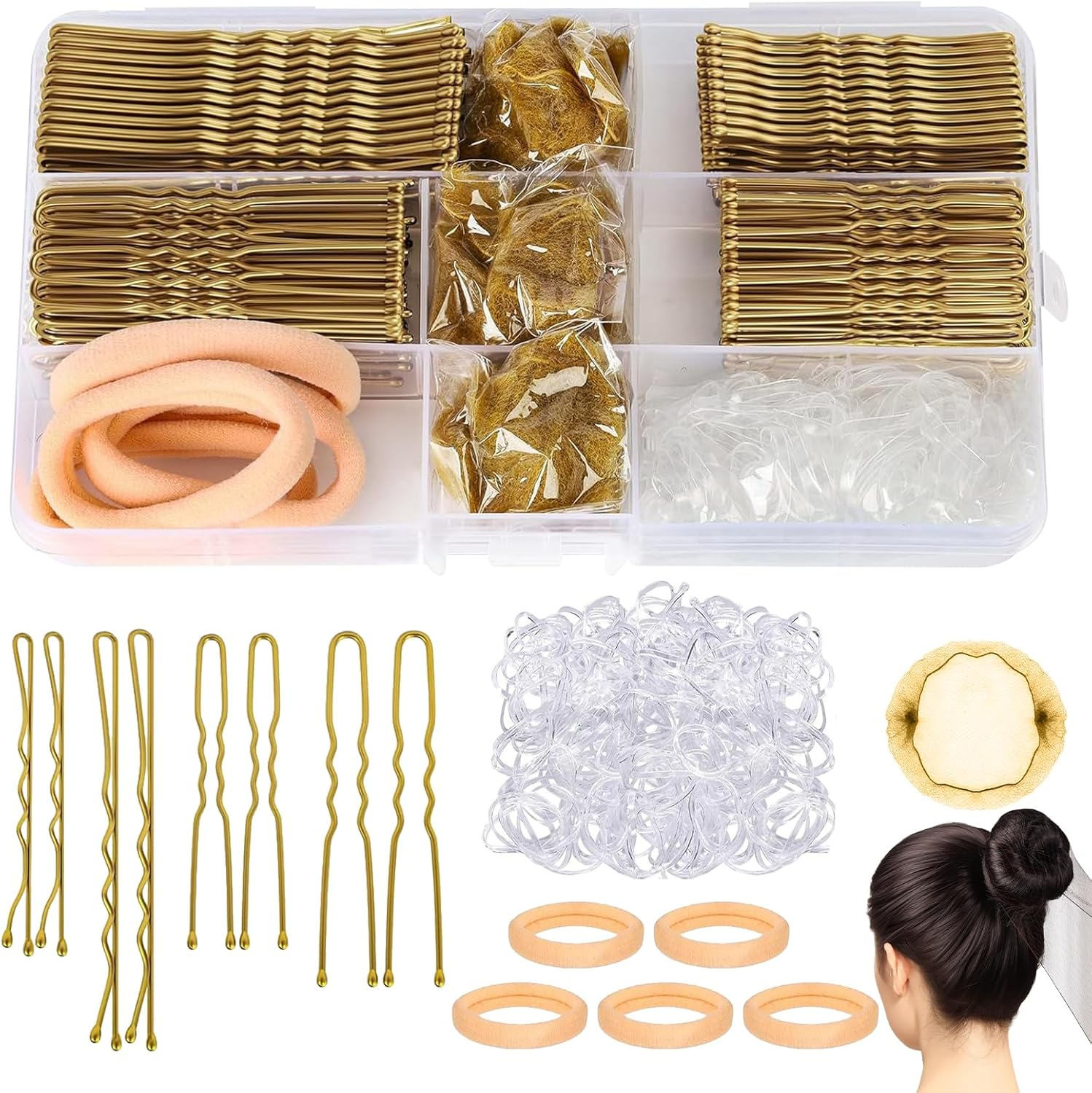 328 Piece Hair Pins Small Bobby Pins Set - 104 U-Shaped Hair Pins, 104 Bobby Pins, 100 Rubber Bands, 15 Hair Net Bun, 5 Scrunchies, Hairstyle Accessories for Girls and Women with Storage Box (Gold) image number 2