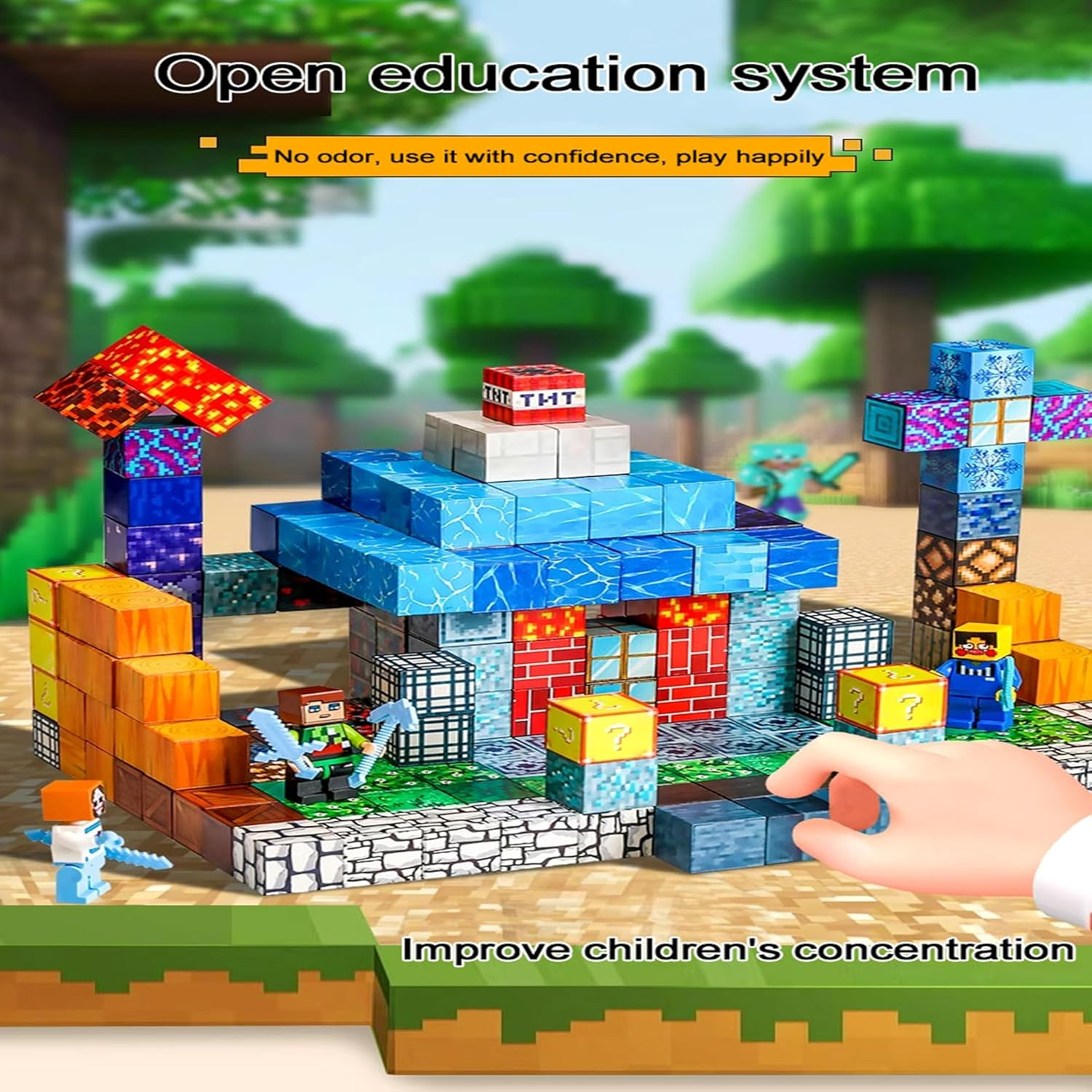 Magnetic Blocks, 128Pcs Building Blocks with 4 Figures, Premium Magnetic Tiles, Build Mine Magnet Cubes, Stem Construction Sensory Toys, Montessori Toys for Toddlers Gifts for Boys & Girls Ages 3+ image number 6