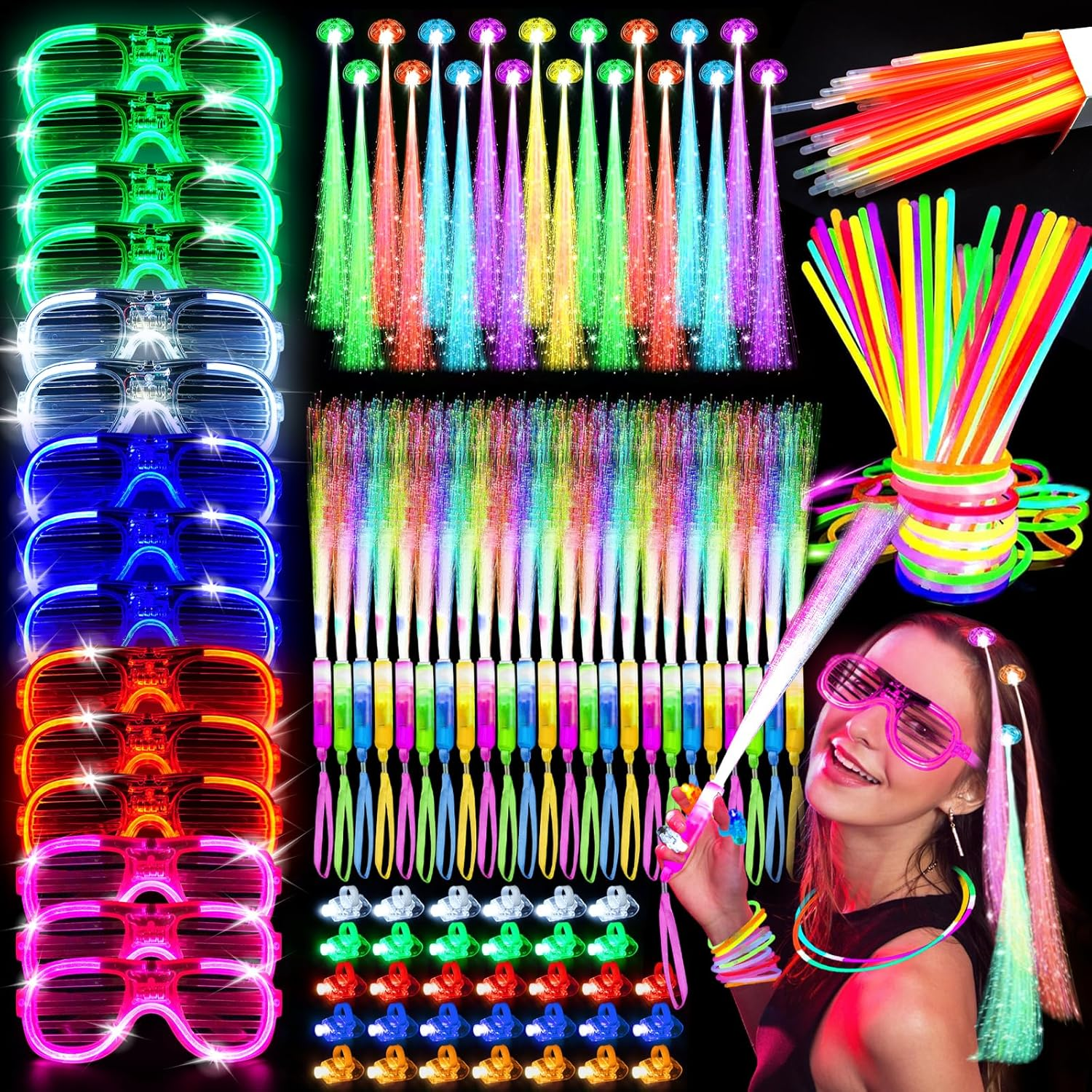 Auolen 290 PCS Glow in the Dark Party Supplies, 24 Glow Fiber Optic Wands, 15 LED Glasses and 200 Glow Sticks, 33 Finger Lights, 18 Hairs, Glow Party Favors for Halloween, Concert, Raves Birthday