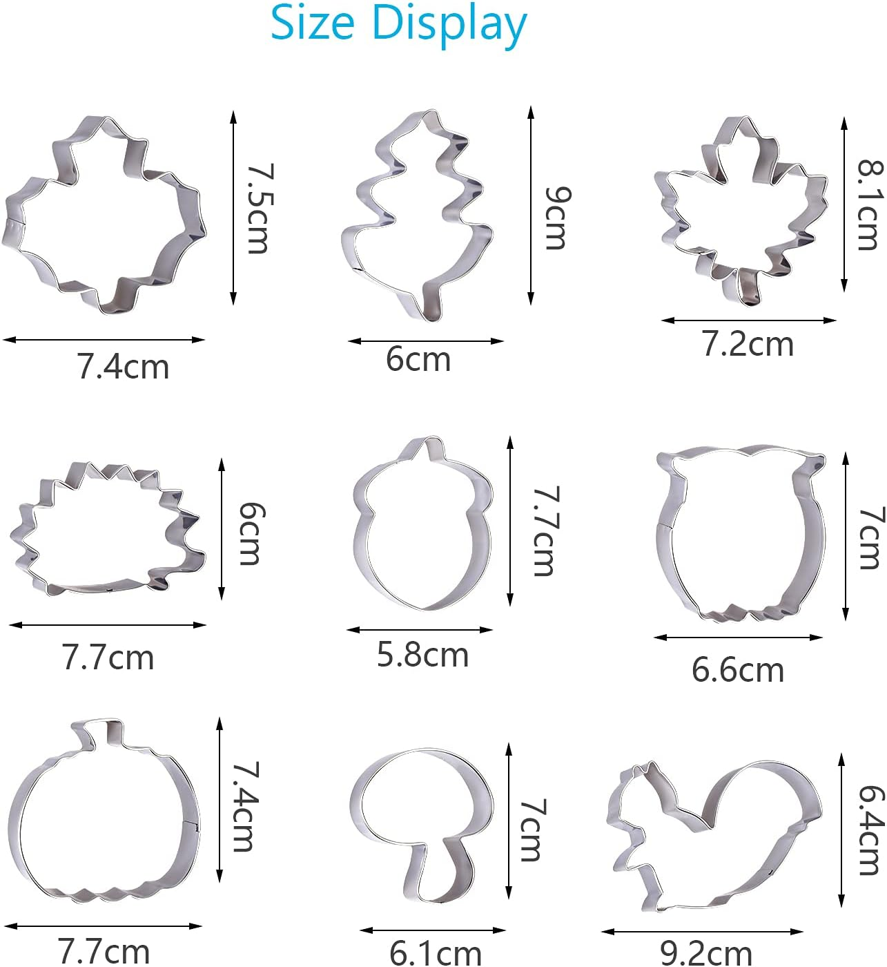 9Pcs Autumn Cookie Cutters, Thanksgiving Stainless Steel Cookie Cutter with Pumpkin Squirrel Hedgehog Mushroom Maple Leaf Pine Cone for Baking Fondant image number 2