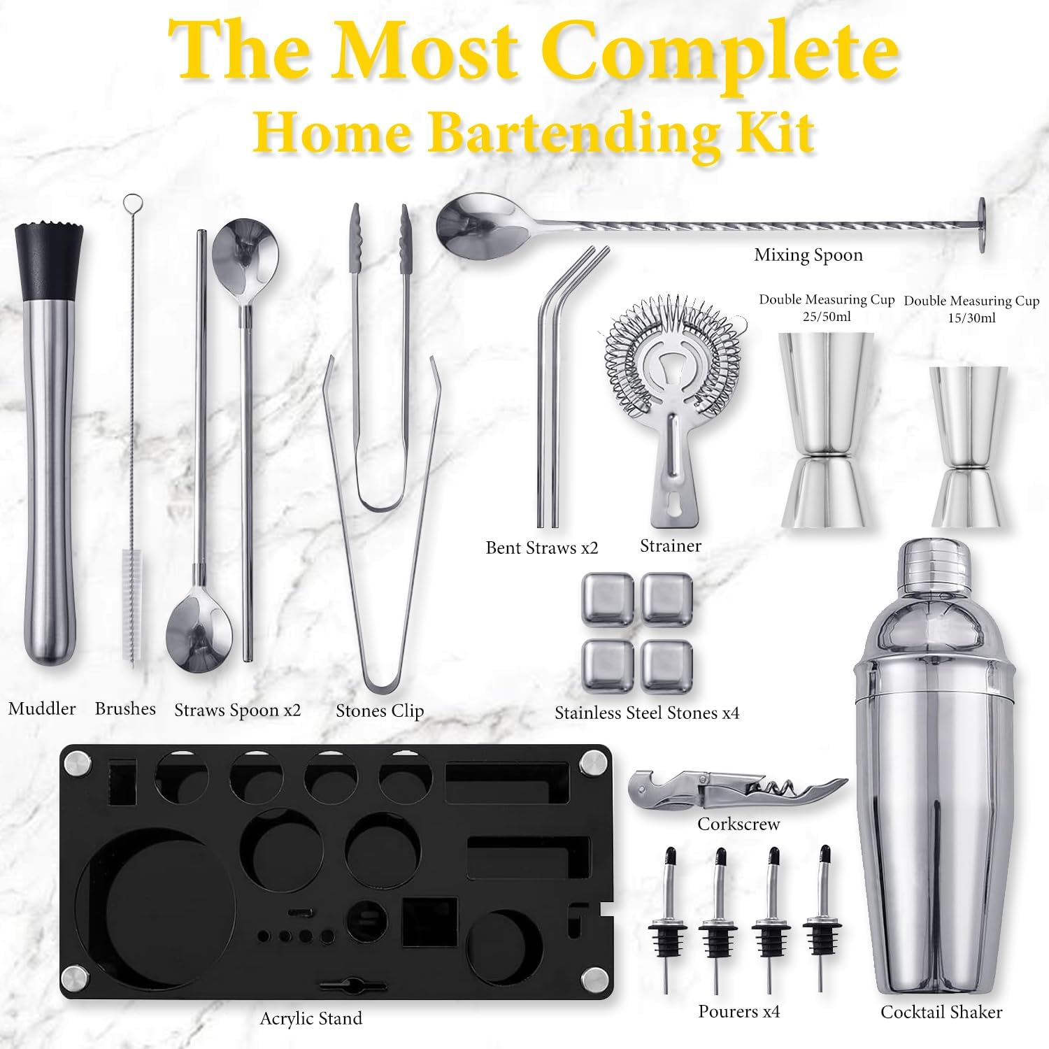 Mixology Bartender Kit Bar Set Cocktail Kit, 23PCS Cocktail Shaker Kit with Acrylic Stand for Drink Mixing, Silver Bartender Tool Kit image number 1