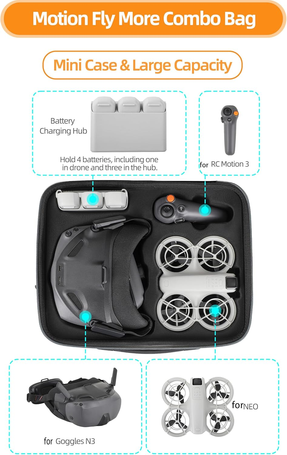 CERFFOOL Portable Drone Accessory Storage Bag for DJI Neo Motion Fly More Combo & Goggles N3, Gray, Elegant image number 4