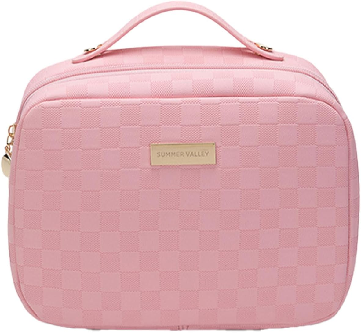 Women'S Pure Color Square Box Large Capacity Cosmetic Bag, Fashionable Portable Multi-Compartment Makeup (Pink)