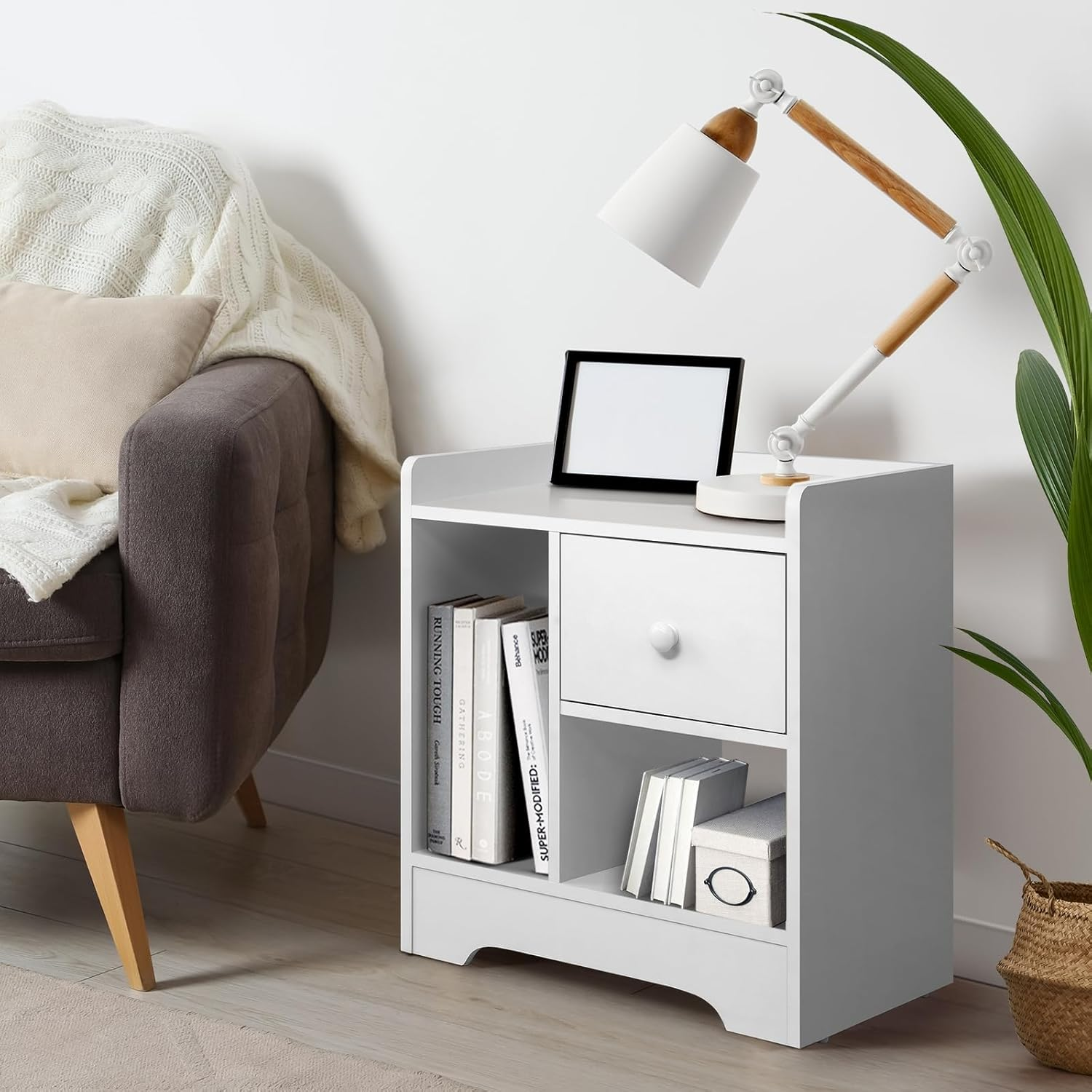 Oikiture Bedside Table with Drawer and Storage Space Side Table Nightstand Home Bedroom Furniture White image number 2