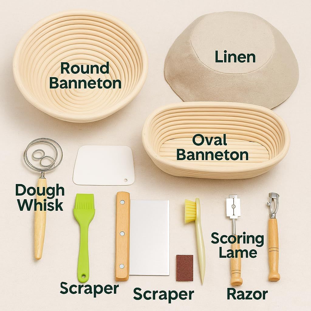 Sourdough Starter Kit, round and Oval Banneton Proofing Basket, 12 Pcs Bread Making Set with Dough Scraper, Lame, Whisk, Brush Tools, and Linen Cover &ndash; for Artisan Home Bakers