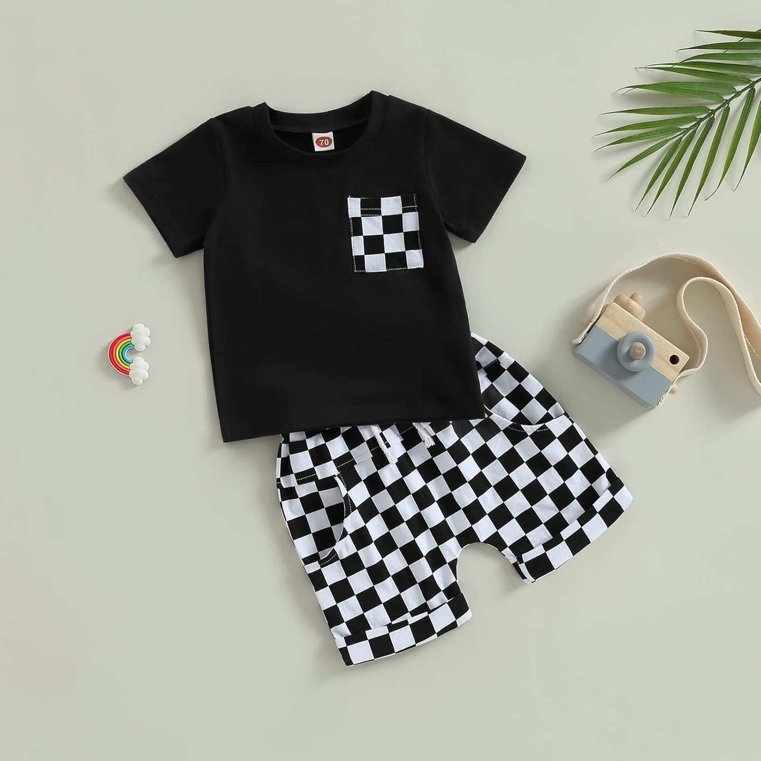 Karuedoo Baby Boy Girl Summer Outfits Checkered Plaid Short Sleeve T-Shirt Top Shorts Set Trendy Toddler Checkerboard Outfit image number 3