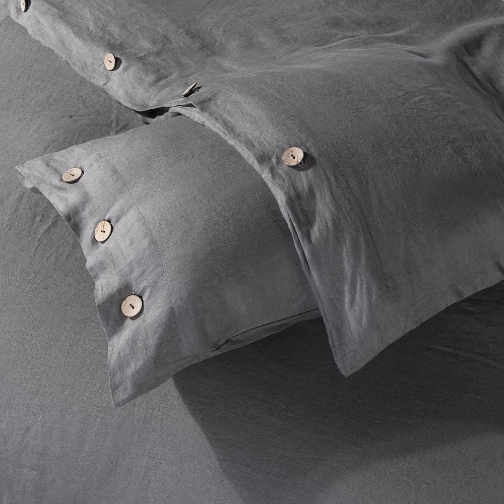 Meadow Park Stone Washed Pure Linen Duvet Cover Set 3 Pieces, Queen 90 Inches X 94 Inches- Shams 20 Inches X 26 Inches, Coconut Shell Button Closure - Corner Ties - Super Soft, Charcoal image number 3