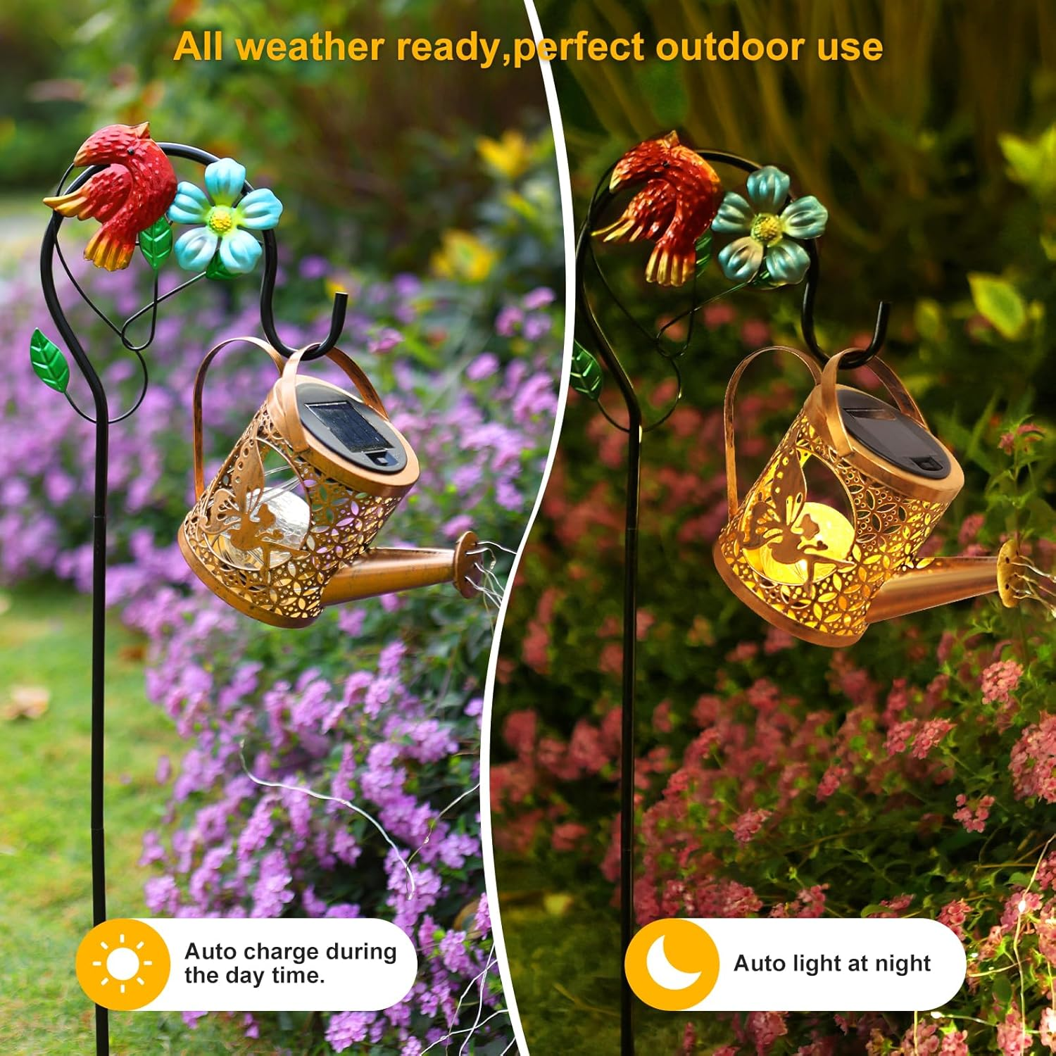 Solar Lights Outdoor Garden Decor Solar Watering Can with Crackle Glass Lights Waterproof Metal Hanging Fairy Lantern for Patio Lawn Yard outside Decorations- Unique Gift Ideas for Gardening image number 5