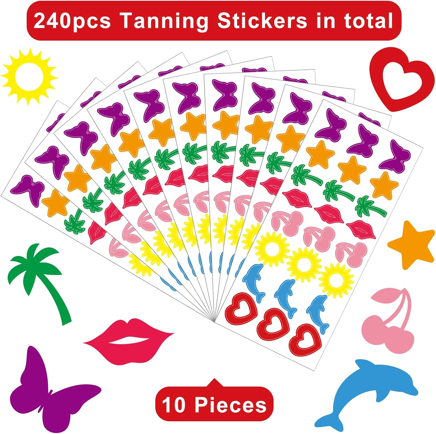 Whaline 240Pcs Tanning Sunbathing Stickers Heart Lips Star Sun Dolphin Butterfly Cherry Tree Tanning Decals Colorful Self Adhesive Body Stickers for Summer Beach Outdoor Indoor Salon Party Supplies image number 6