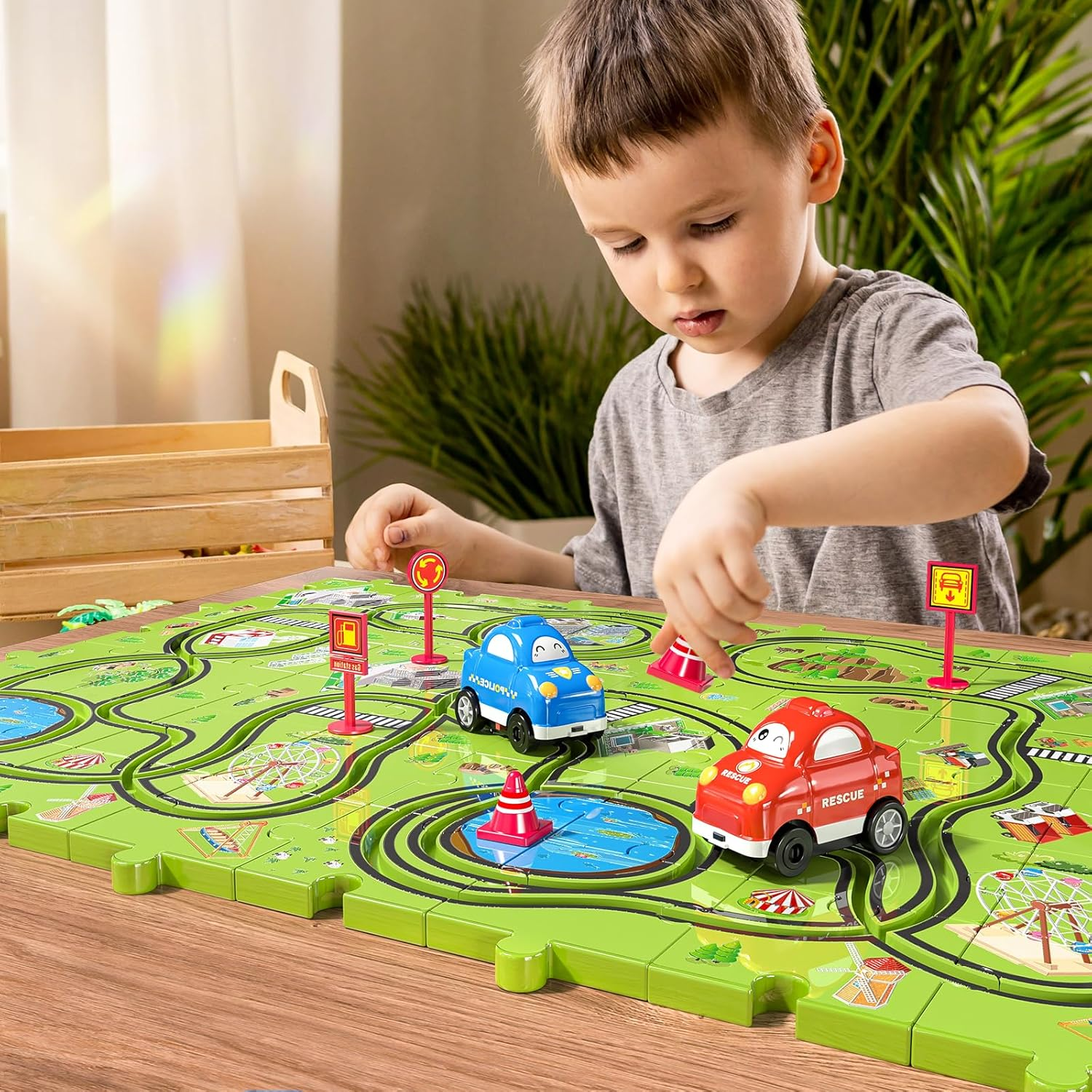 JUKUDAHU 48 Pieces Puzzle Race Track Car Set Toys for 3 4 5 6 Year Old Boys, City Themed Playset for Kids Ages 3-5 with 2 Small Toy Cars, Indoor Boys Girls Birthday Gifts for Toddlers 1-3 3-5 4-8 image number 2