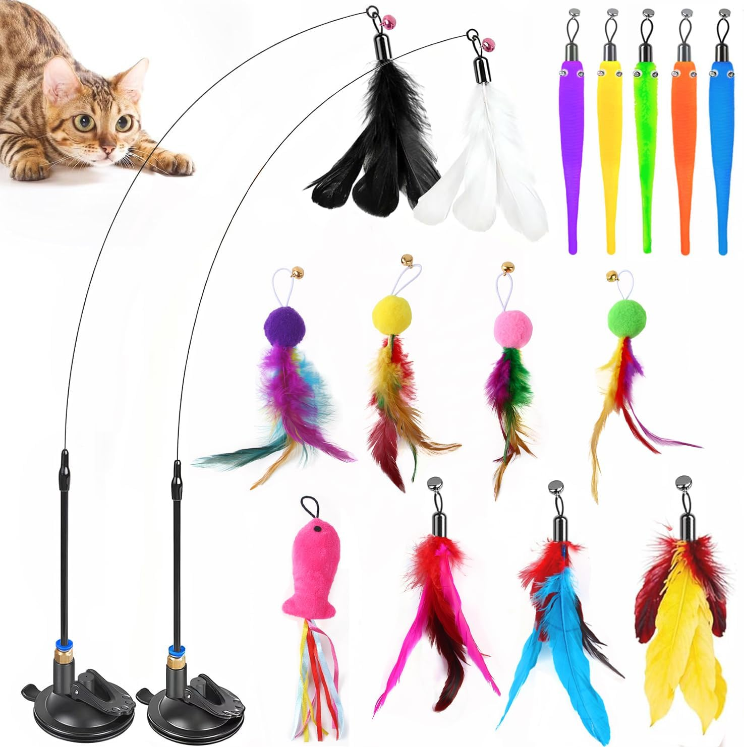 15 Pcs Cat Toys, Interactive Cat Toy, Cat Toys for Indoor Cats, 2 Upgraded Self-Holding Power Suction Cup Bases & Removable Teaser Cat Wand Sticks, 15 Replacement Kitten Toys with Bells.