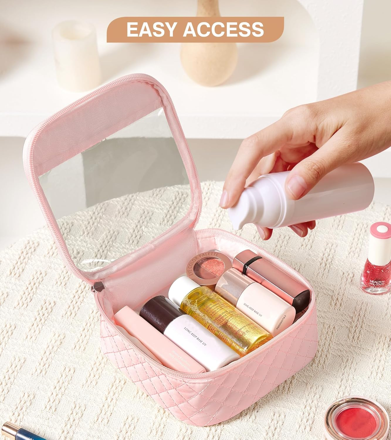 Marvolia Clear Makeup Bag - Travel Clear Toiletry Bag for Women Cosmetic Case Makeup Organizer Zipper Pouch for Travel Essentials, Pink, Small image number 4