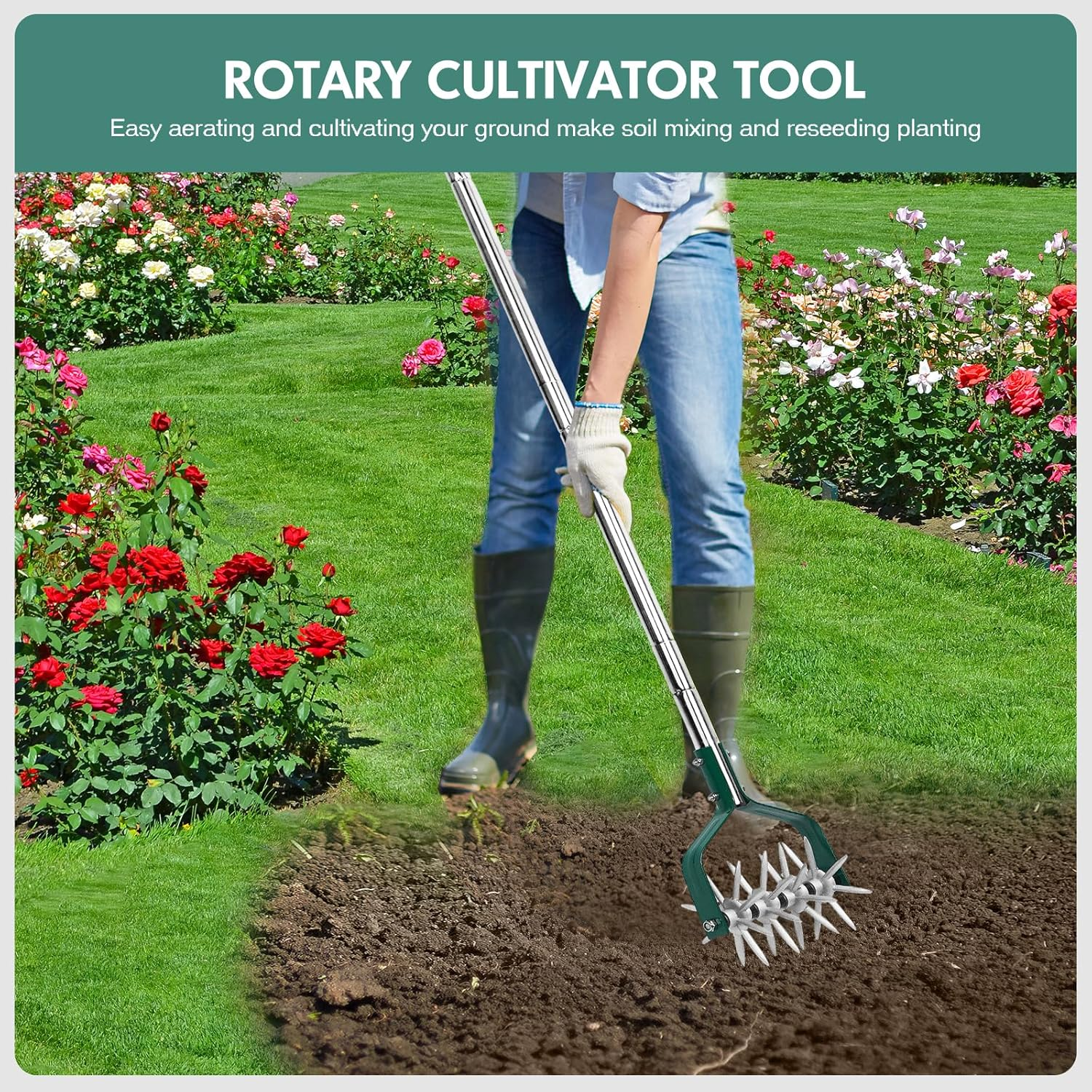 Rotary Cultivator Tiller Adjustable S/S Handle Rotary Tiller with Detachable Solid Metal Tines Garden Cultivator Lawn Tiller and Manual Tiller for Loosing and Mixing Soil image number 6