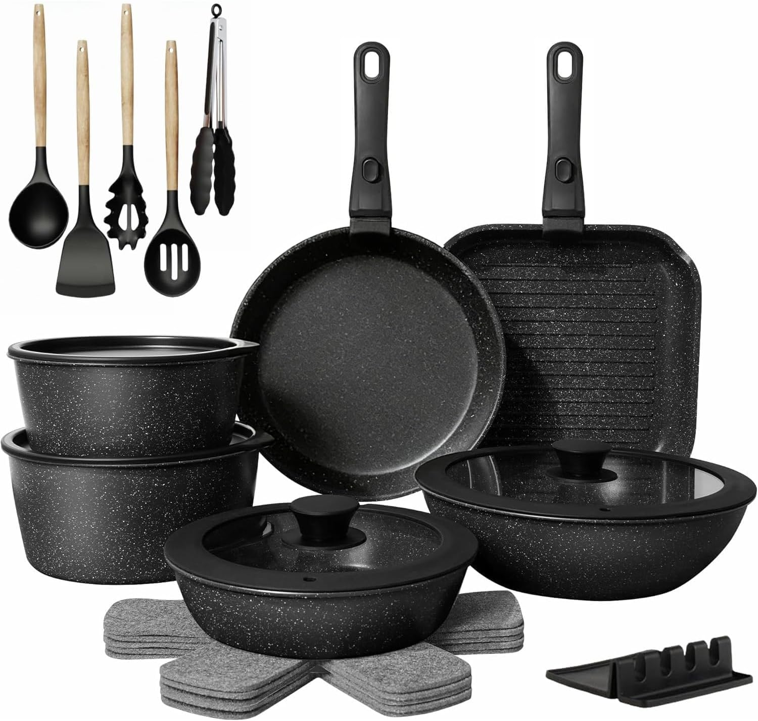 Yildue 23 Piece Pots and Pans Set, Detachable Handle Induction Cookware, Compatible with All Stoves,Non-Stick Stackable RV Kitchen Set, Dishwasher & Oven Safe (Black) image number 6