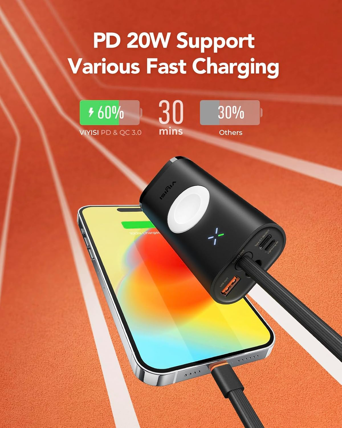 VIYISI Power Bank for Iphone and Apple Watch, 10000Mah 20W Fast Charging Portable Charger PD 3.0& QC 3.0, Battery Pack Compatible with Iphone, Ipad, Apple Watch, Other USB C Phones - Black image number 3