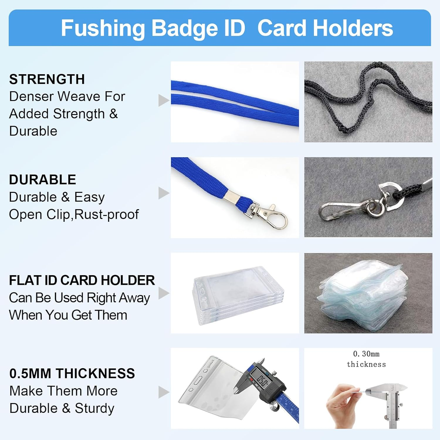 Fushing 50Pcs Clear Plastic Vertical Name Tags Badge ID Card Holders and Blue Neck Lanyards with Swivel Hook for School, Festival, Event image number 4