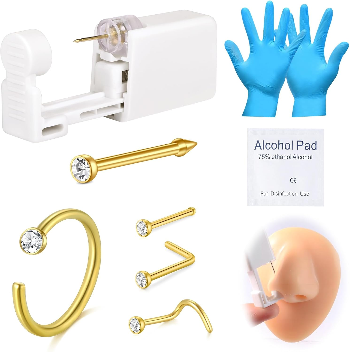 DJCIW 8Pcs Nose Piercing Kit, Piercing Gun Built-In Silvery Nose Studs, Painless Self Piercing Kit with 20G Nose Hoop Rings Studs, Disposable Piercing Gun for at Home Nose Piercing