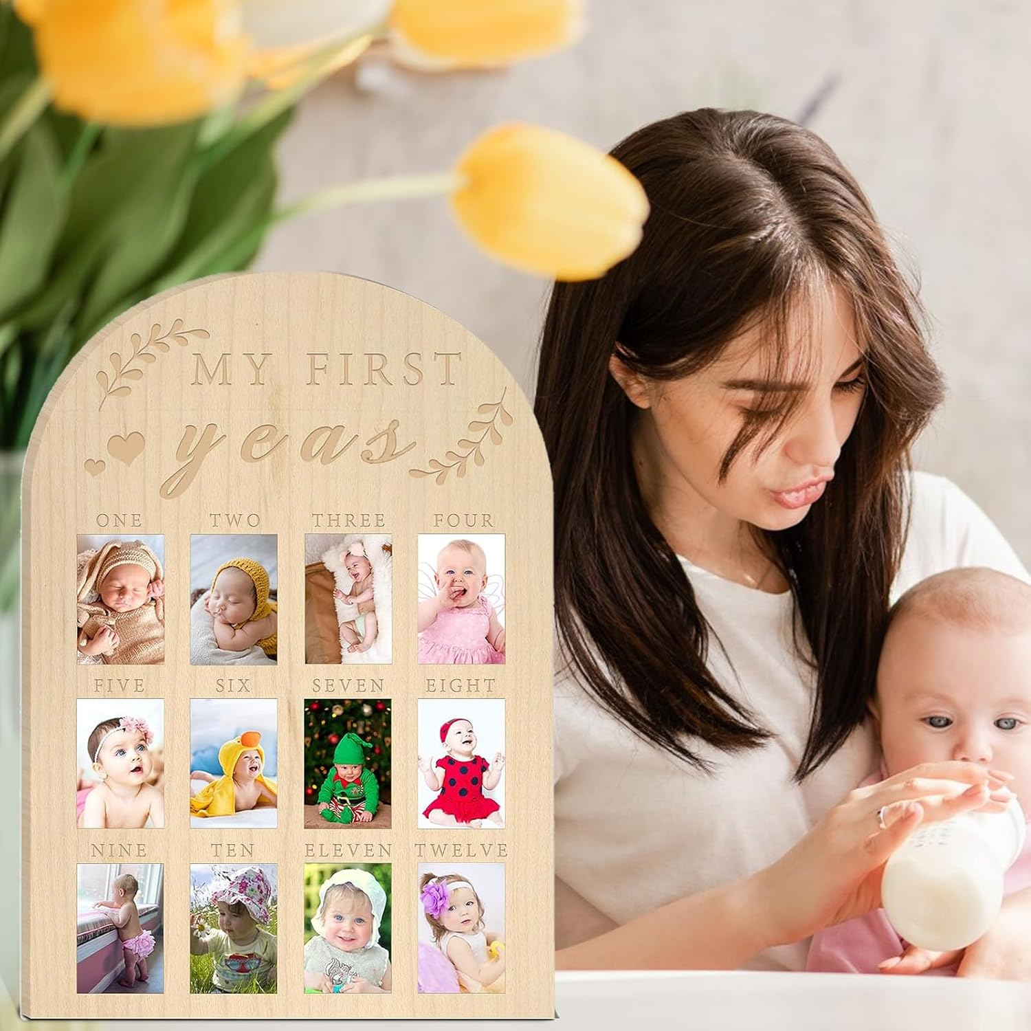 Toddler First Year Photo Display,Memory Frame Photo Display Toddler Keepsake Book - Wood Board Toddler First Year Photo Frame Milestone Board for Toddler Shower or Birthday Party image number 1